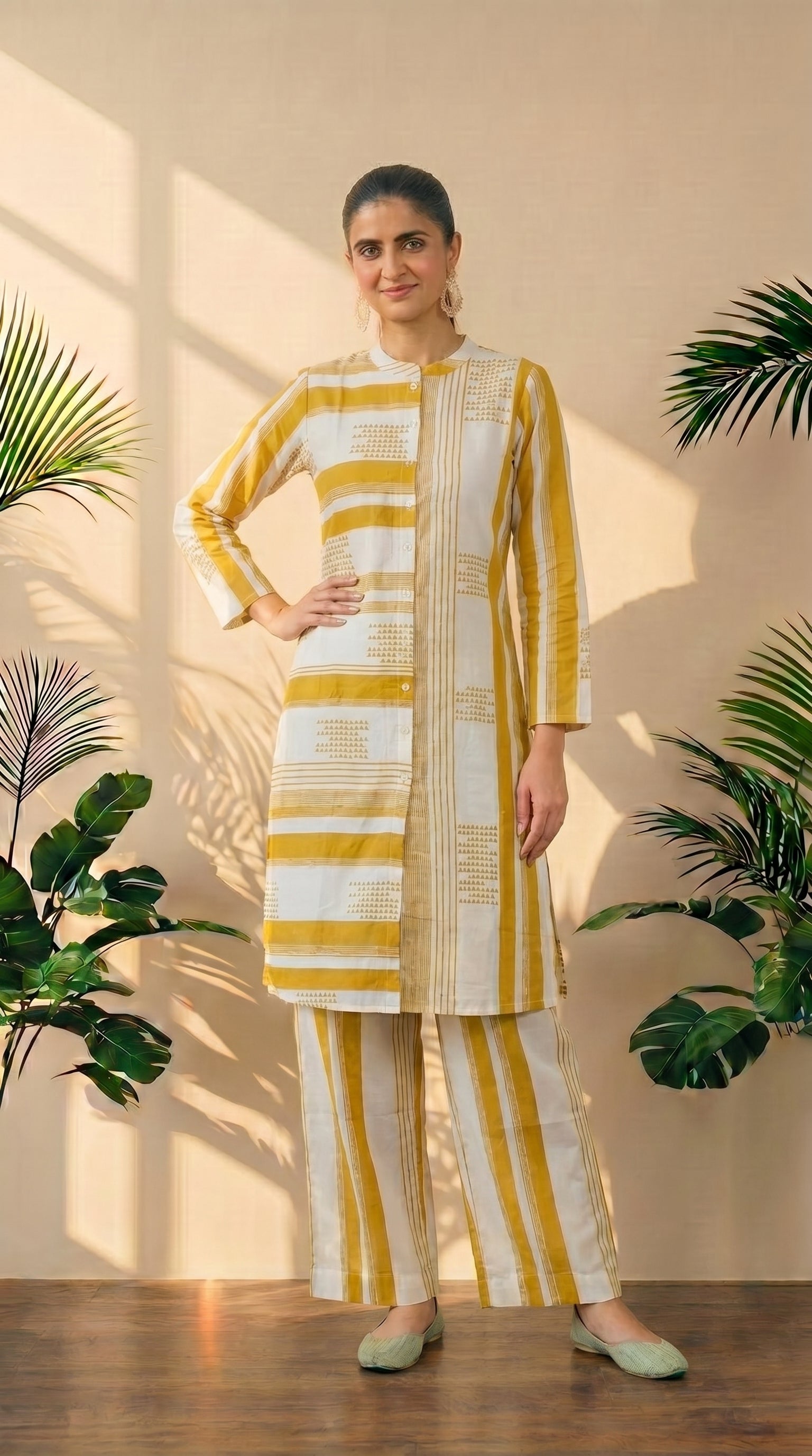 Yellow & White Printed Plazzo Set – Elegant Ethnic Wear in Pure Cotton