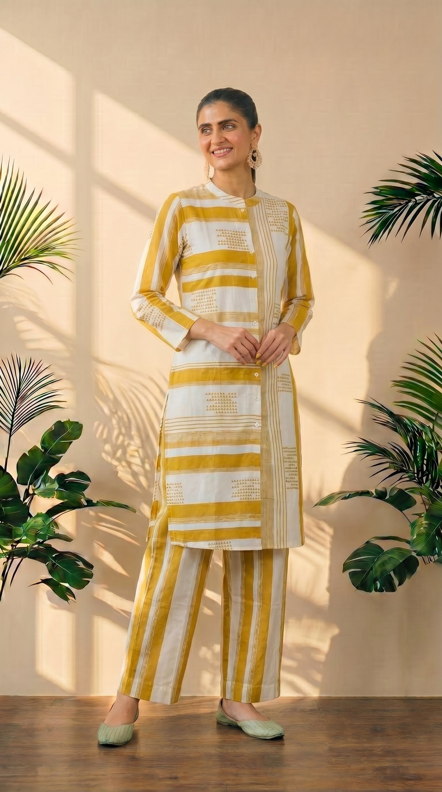 Yellow & White Printed Plazzo Set – Elegant Ethnic Wear in Pure Cotton