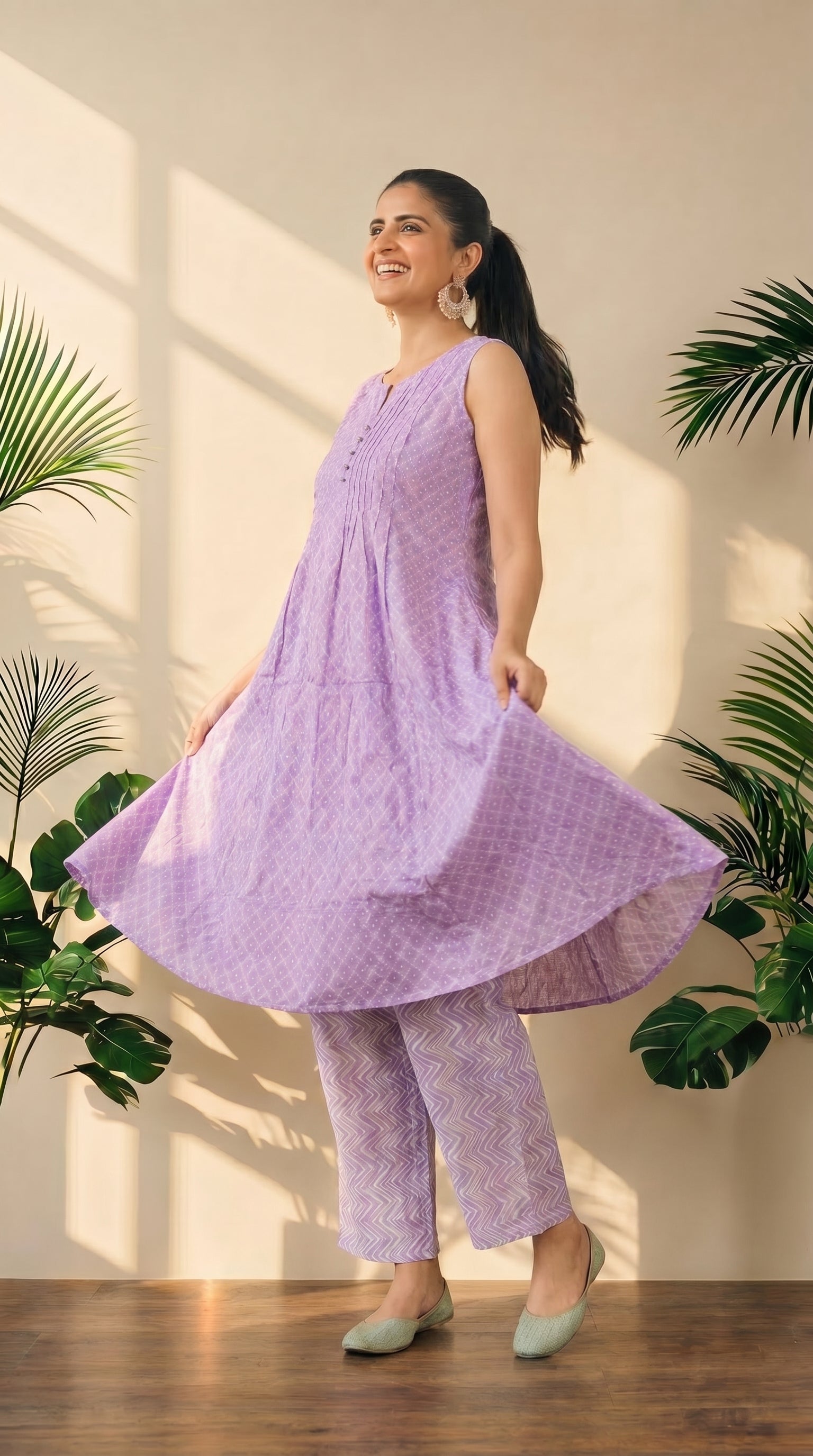 Lavender Sleeveless A-Line Kurti Pant Set