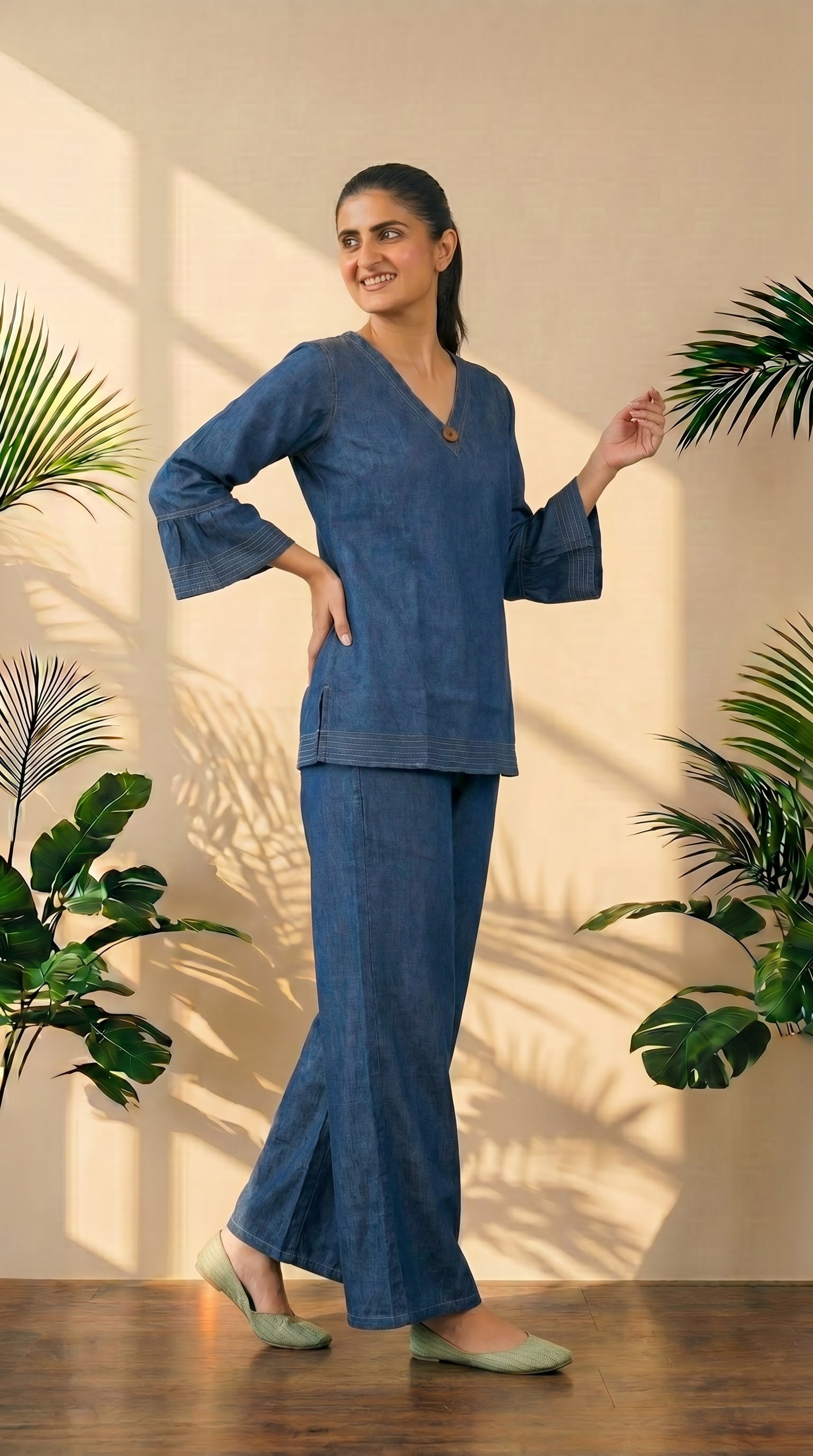 Blue Denim Co-Ord Set with Bell Bottom Pants | Trendy Top & Flared Jeans Set
