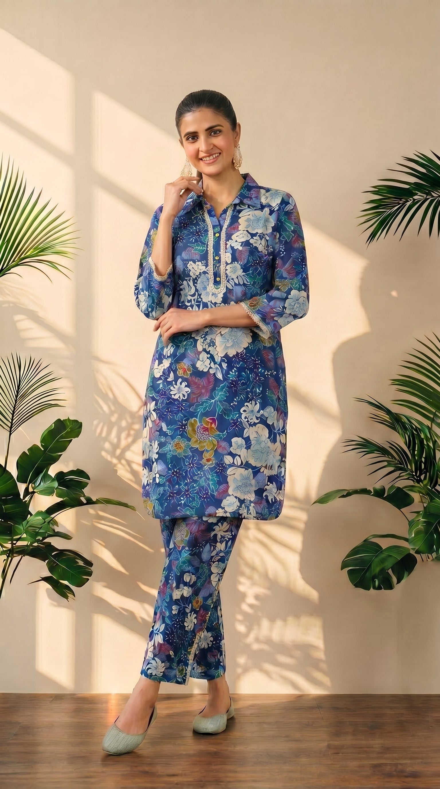 Blue Floral Print Kurta & Pant Co-Ord Set