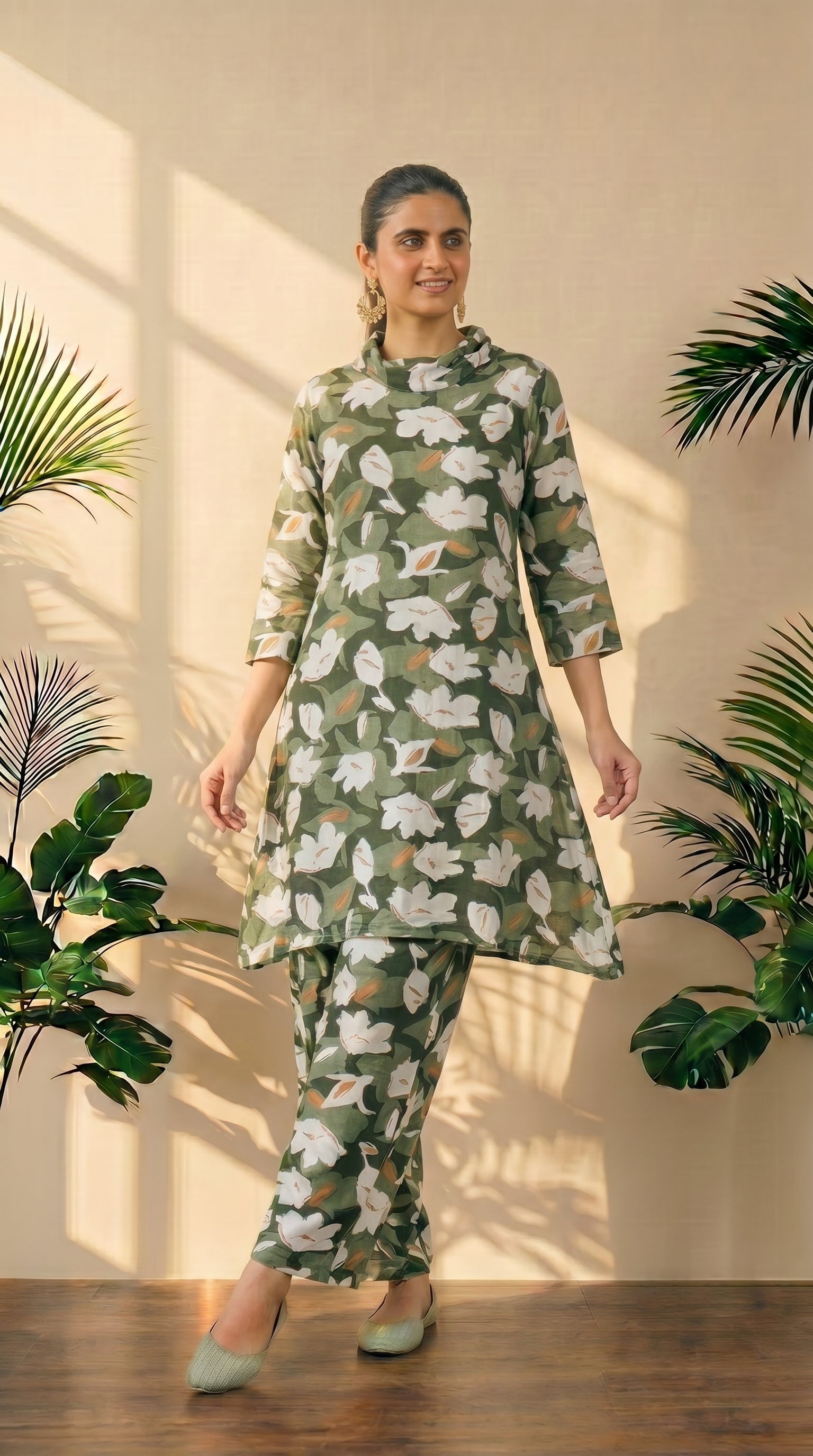 Turtle Neck Green Floral Printed Set – Elegant Ethnic Wear