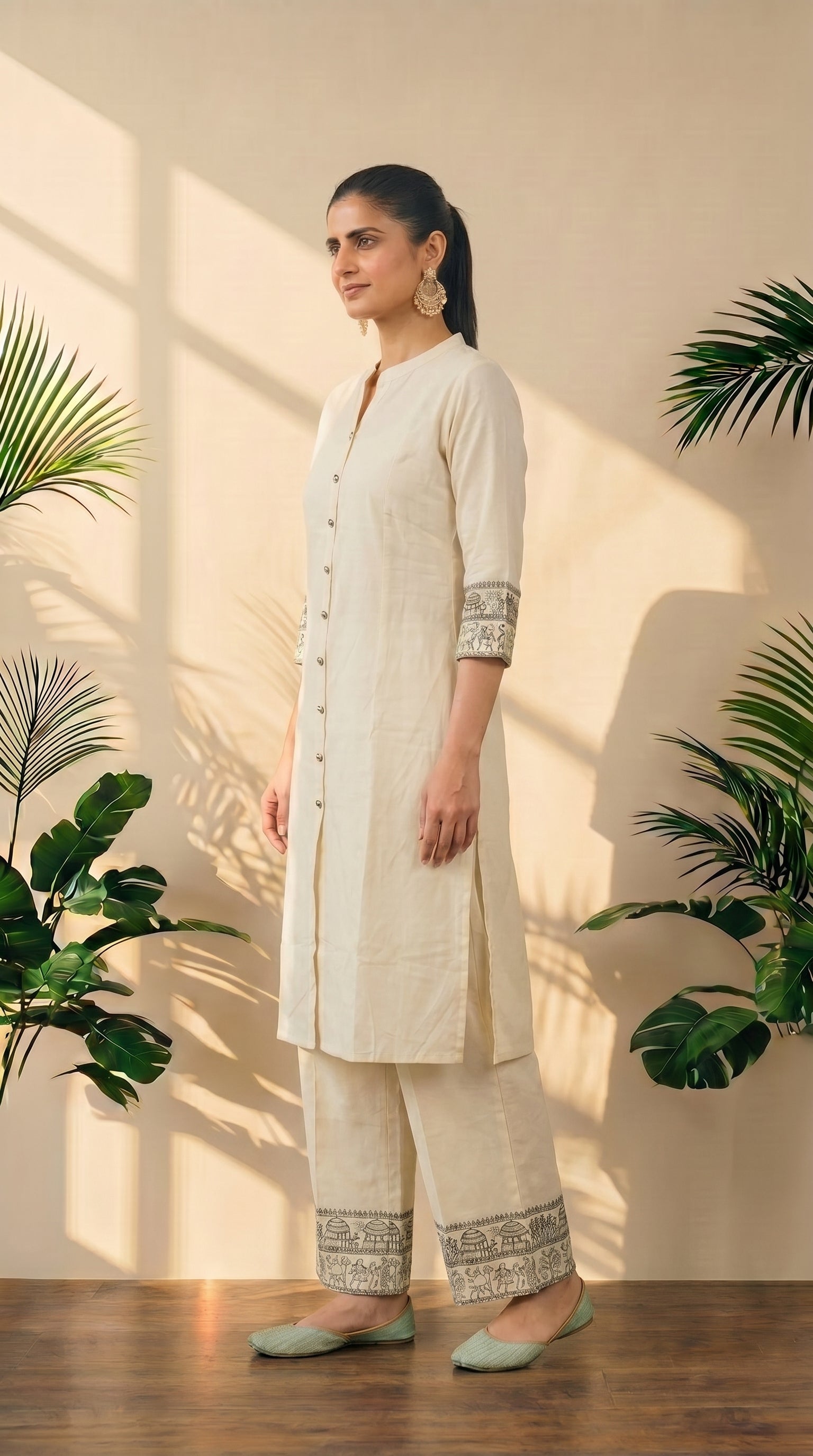 Cream Embroidery Work A-Line Kurti Pant Set