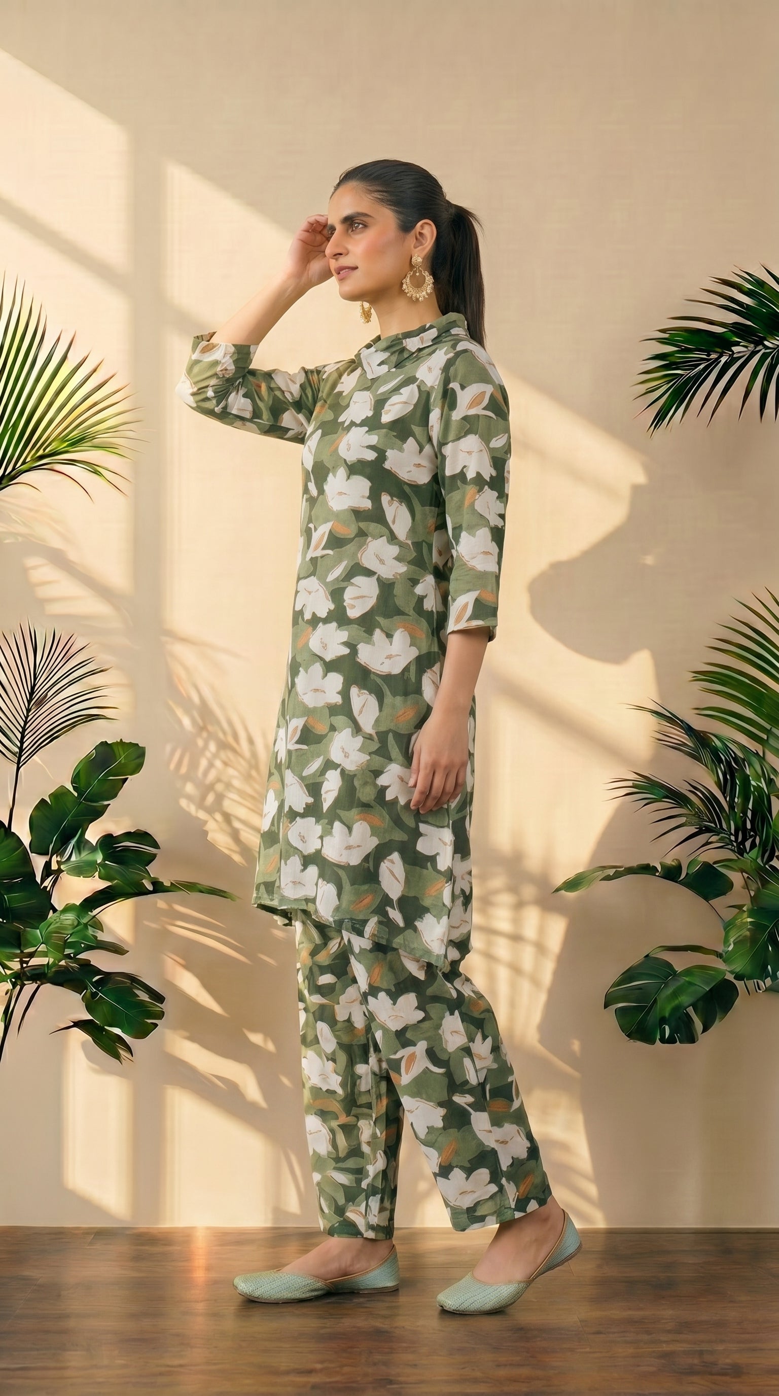 Turtle Neck Green Floral Printed Set – Elegant Ethnic Wear