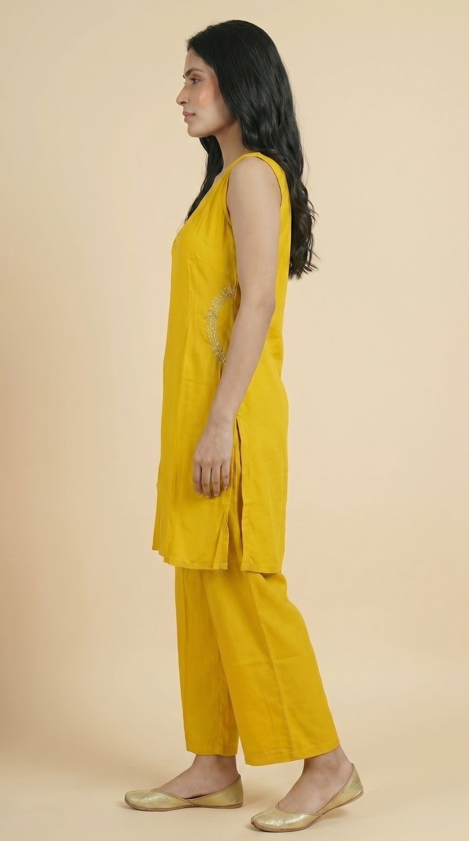 Golden Yellow Sleeveless A-Line Kurti Pant Set