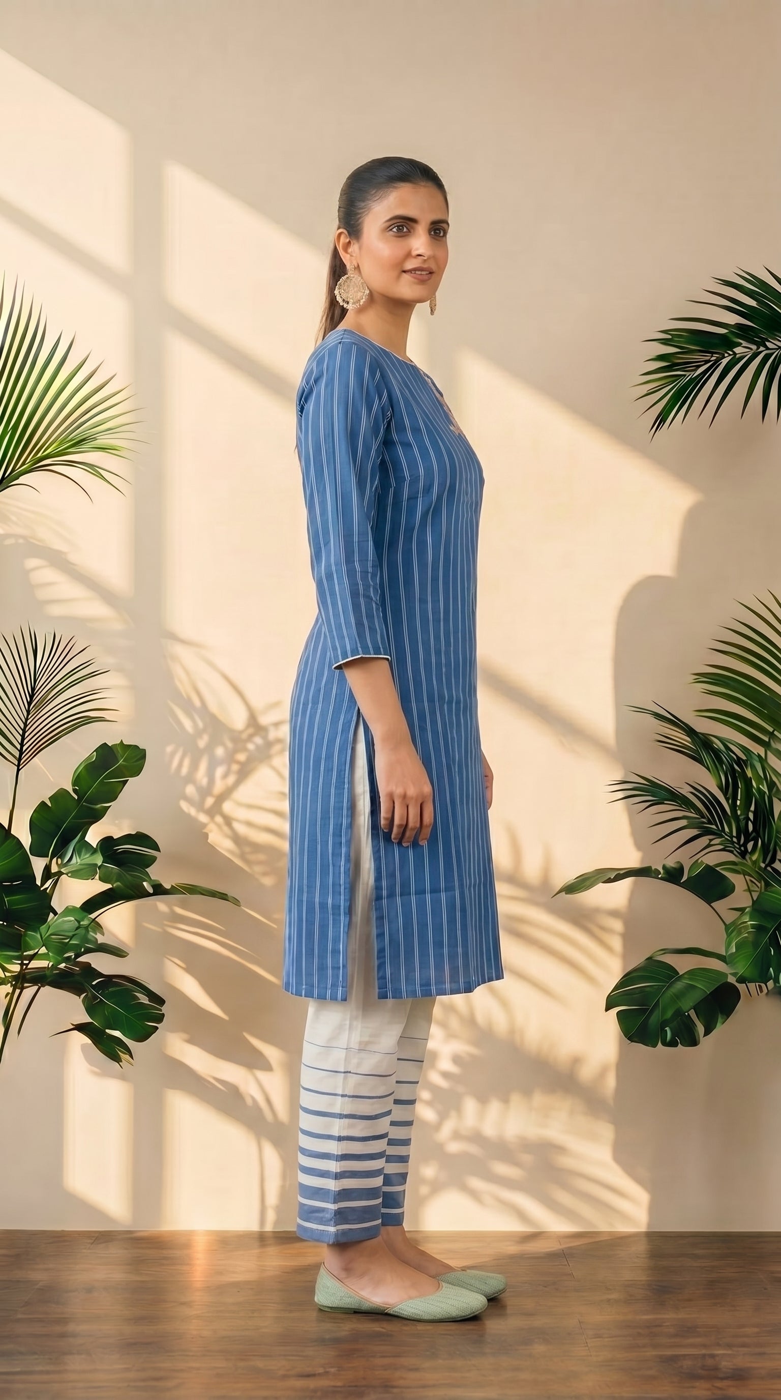 Blue Striped Print Kurti Pant Set