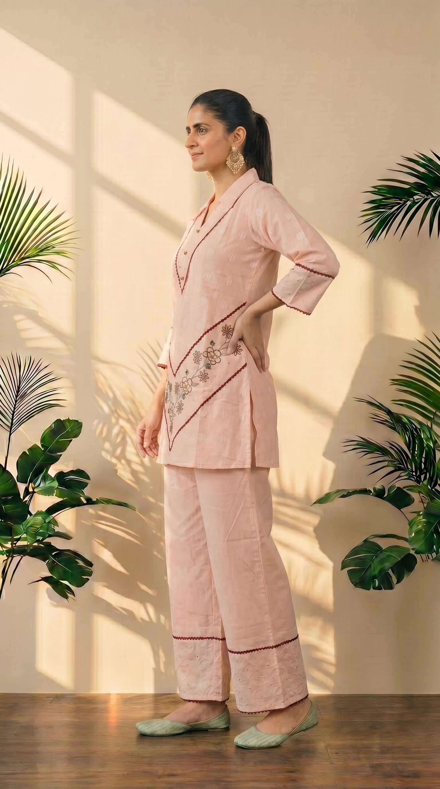 Peach Embroidery Work Top & Pant Co-Ord Set