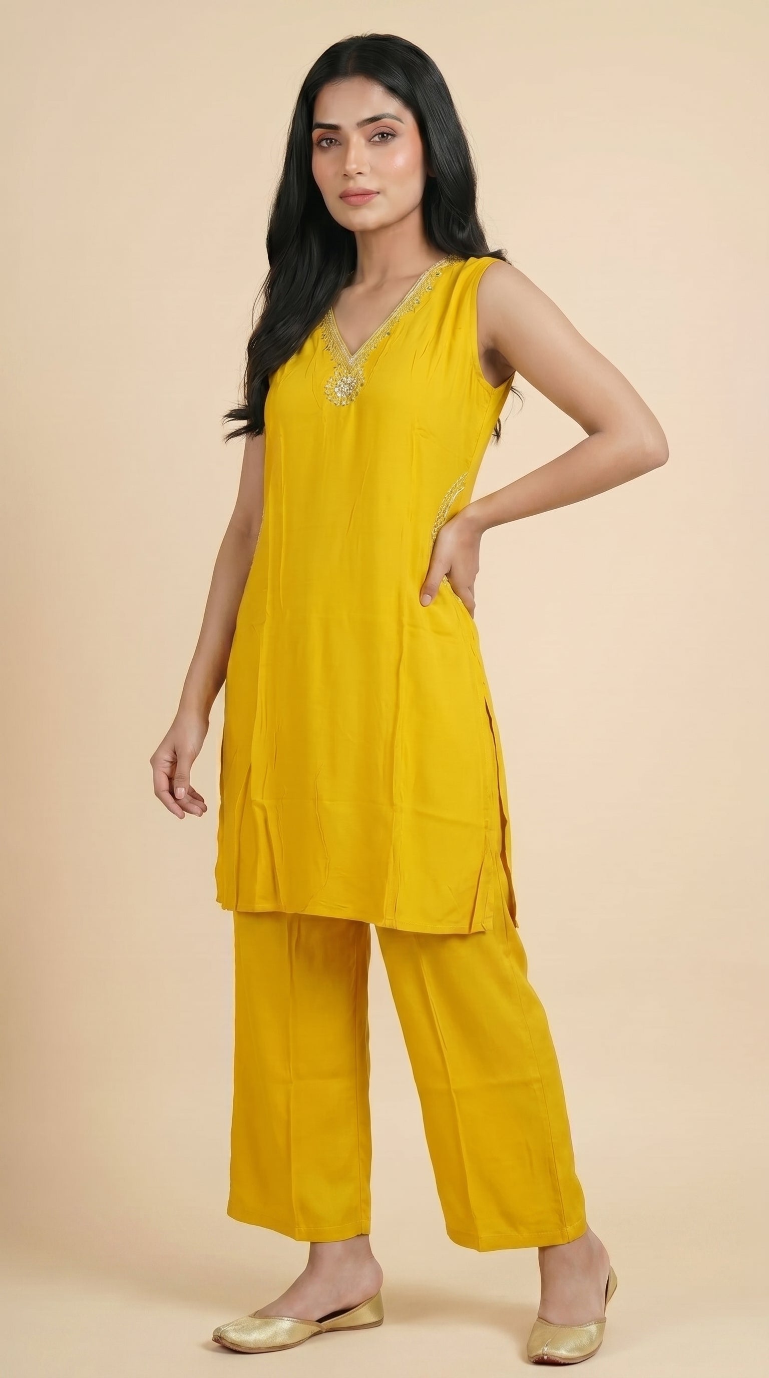 Golden Yellow Sleeveless A-Line Kurti Pant Set