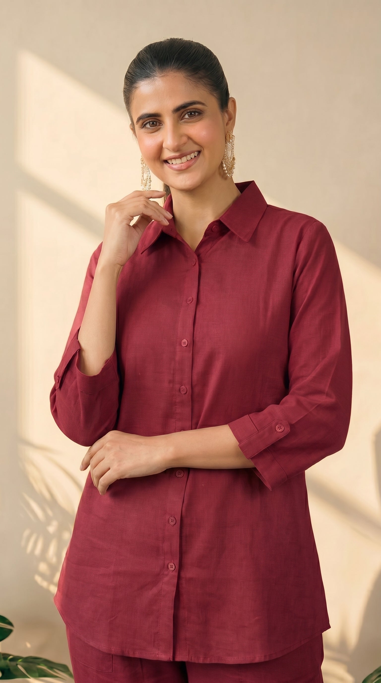 Maroon Cotton Shirt & Pant Co-Ord Set