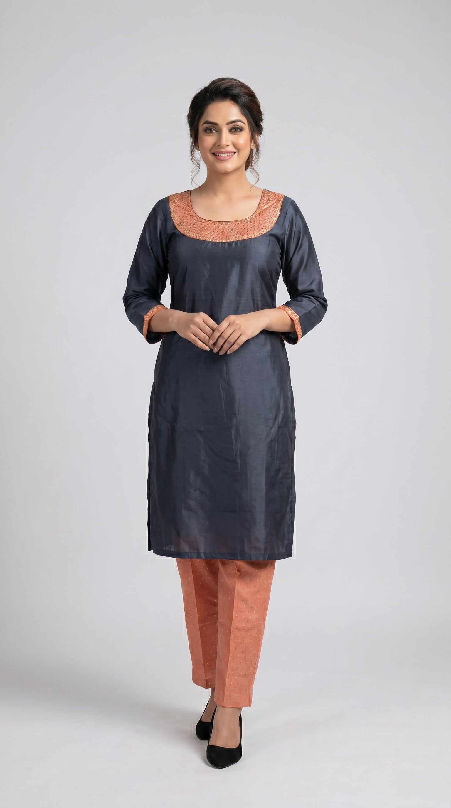 Grey Yoke Work Kurti Pant Set