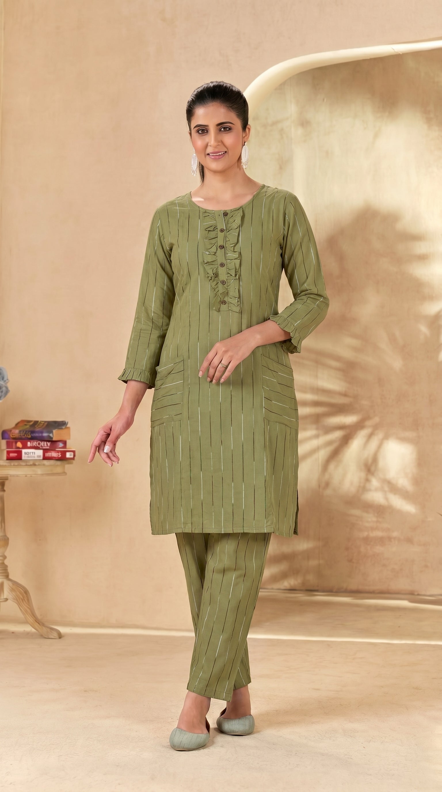 Olive Green Striped Knee-Length Kurti Pant Set
