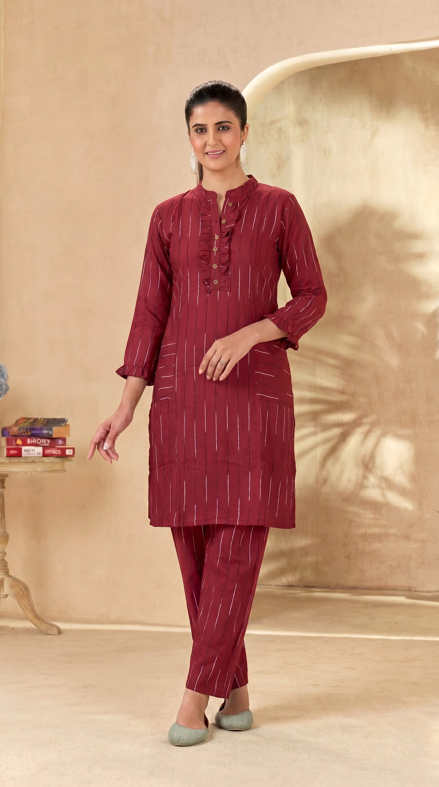 Maroon Striped Knee-Length Kurti Pant Set