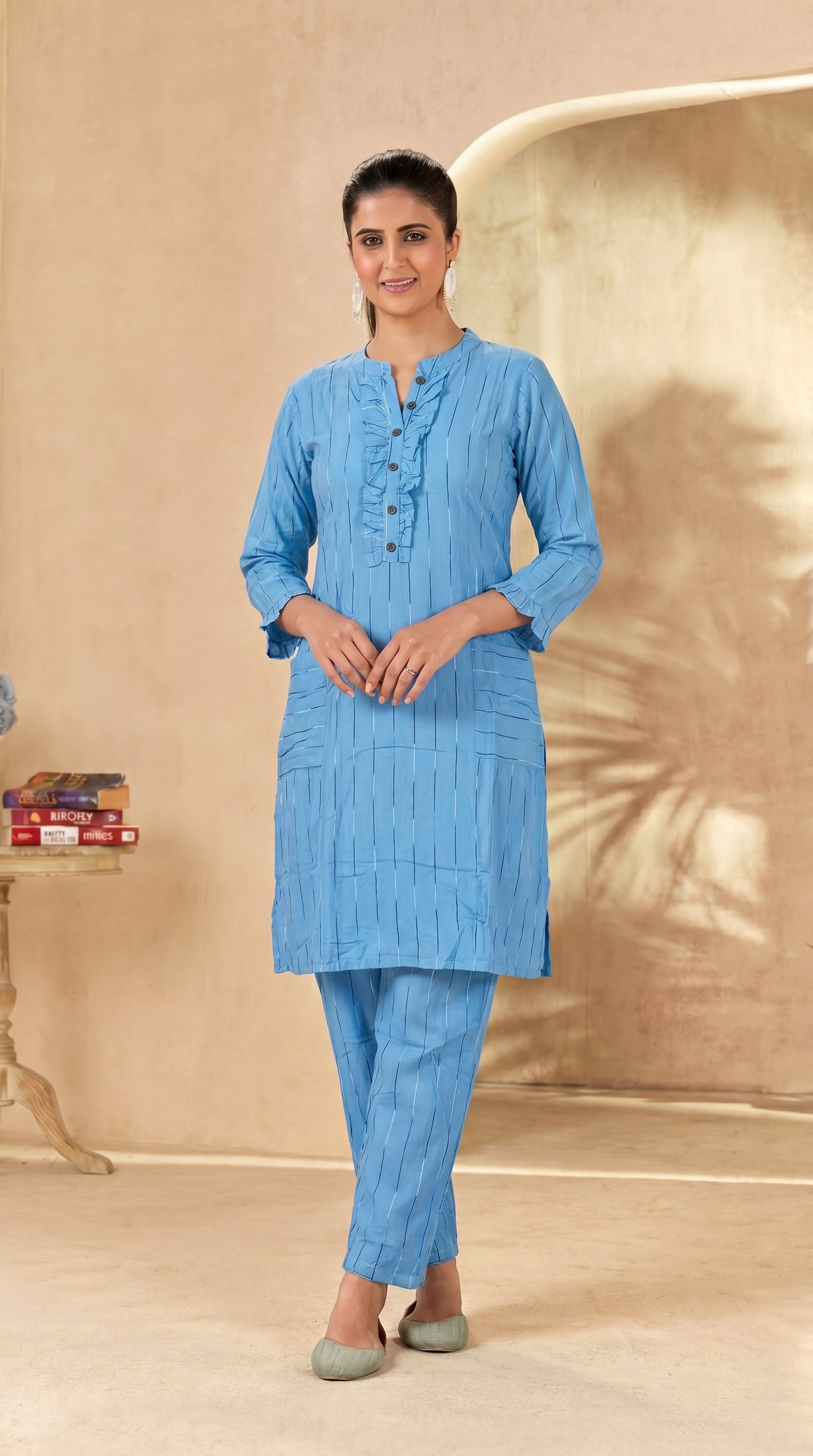 Sky Blue Striped Knee-Length Kurti Pant Set