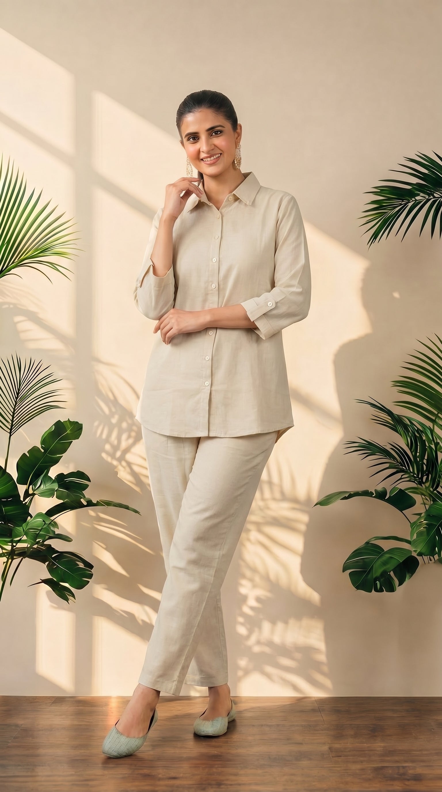 Beige Cotton Shirt & Pant Co-Ord Set