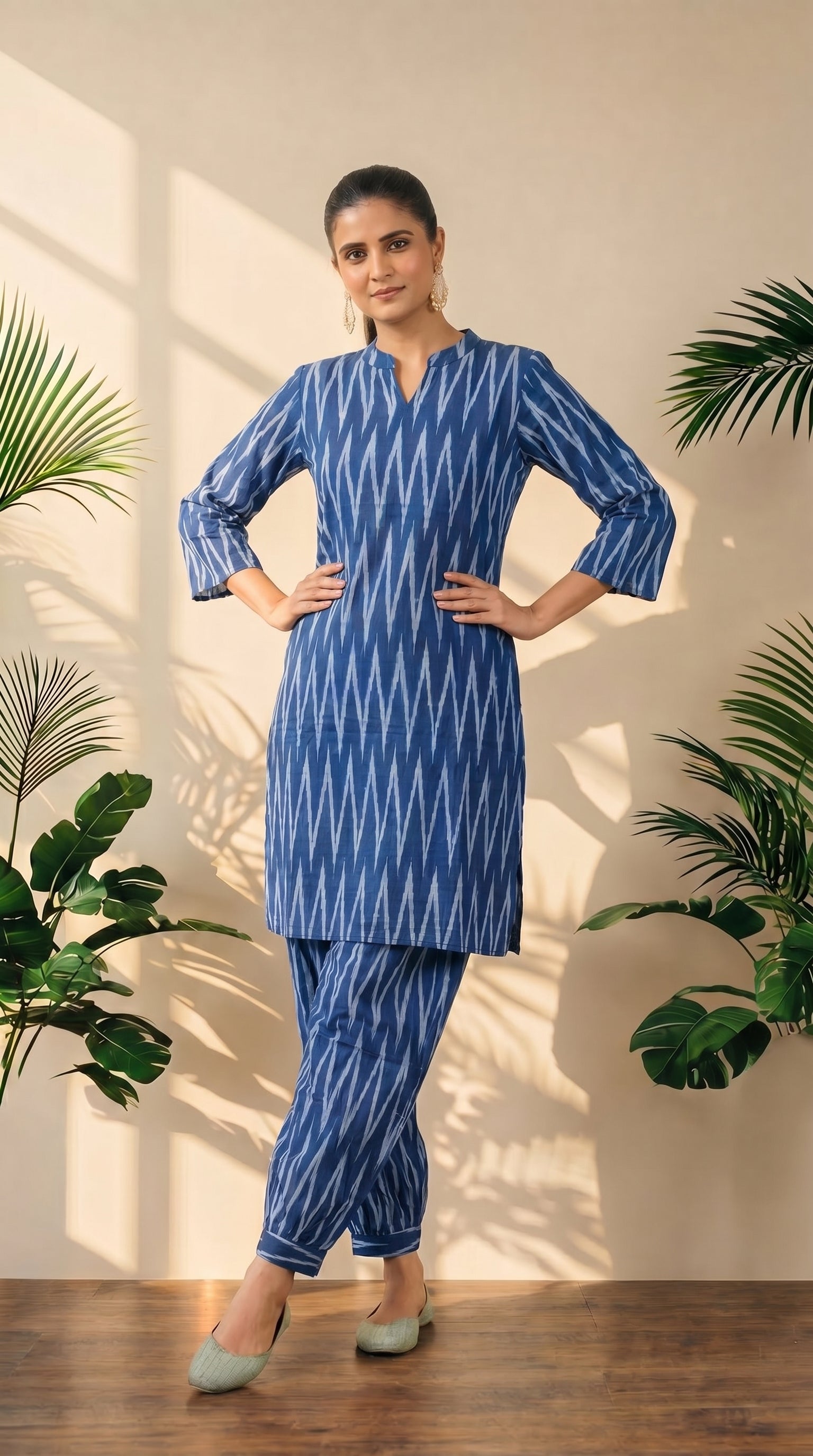 Blue Ikat Print Kurti Afghani Bottom Co-Ord Set