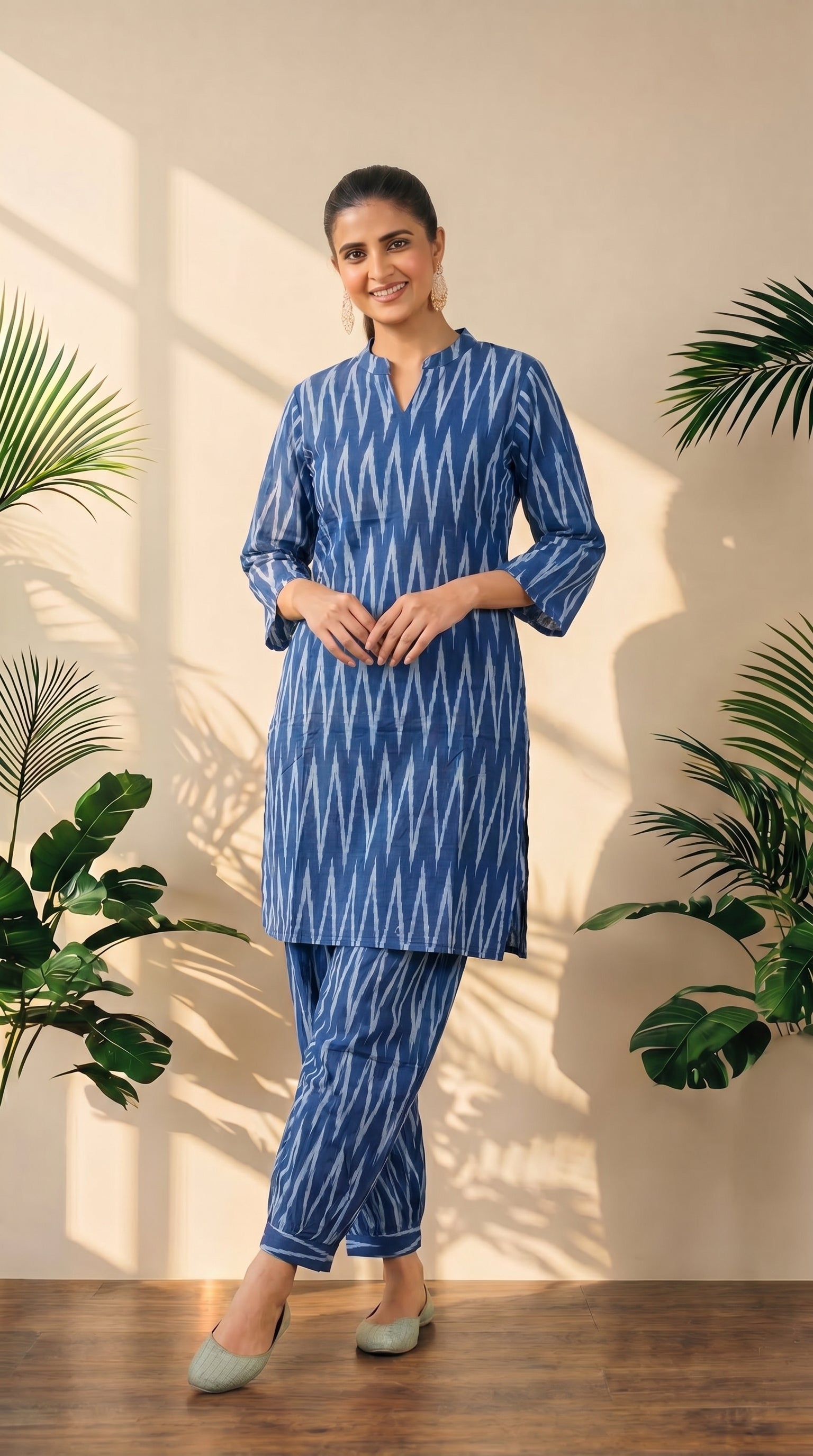 Blue Ikat Print Kurti Afghani Bottom Co-Ord Set
