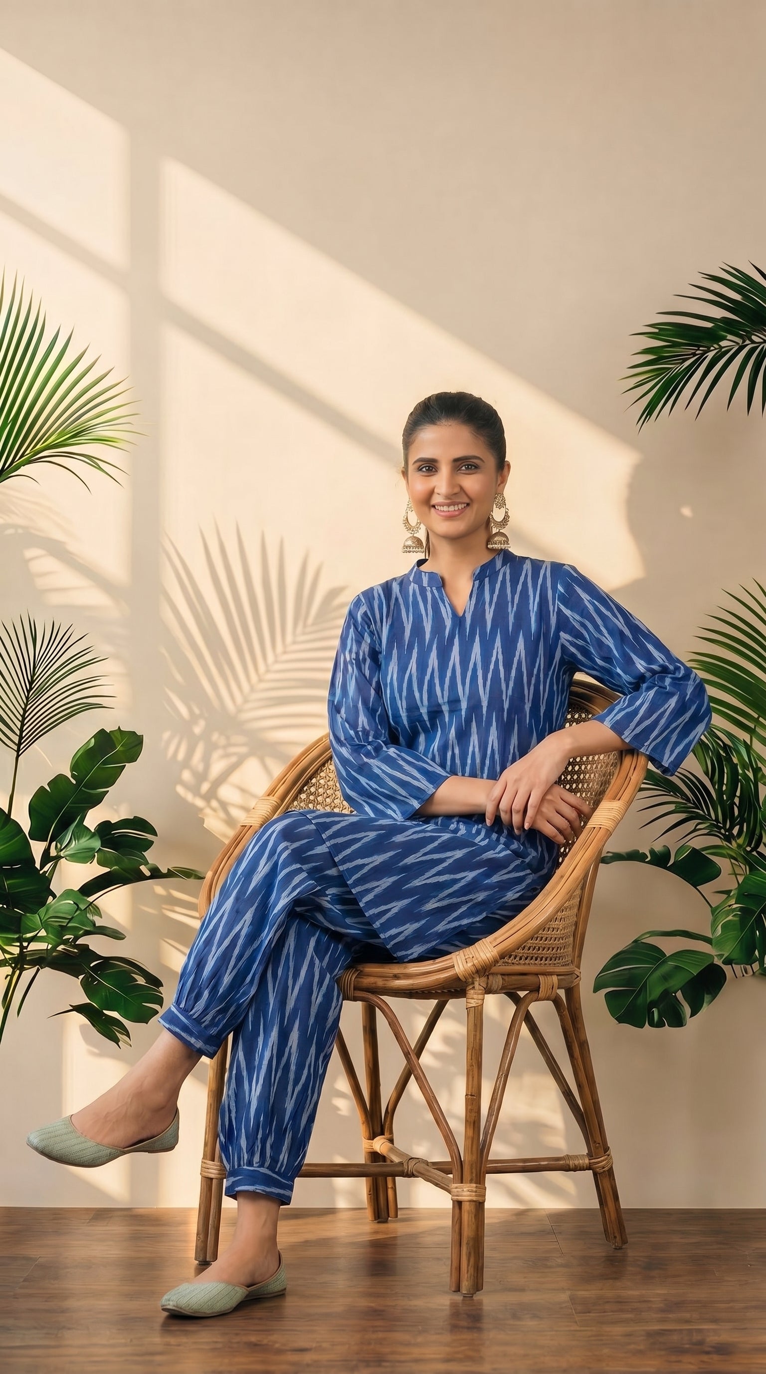 Blue Ikat Print Kurti Afghani Bottom Co-Ord Set
