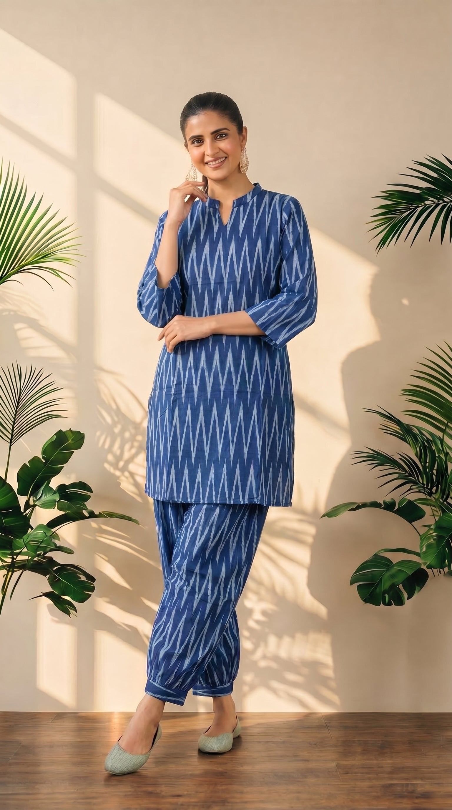 Blue Ikat Print Kurti Afghani Bottom Co-Ord Set