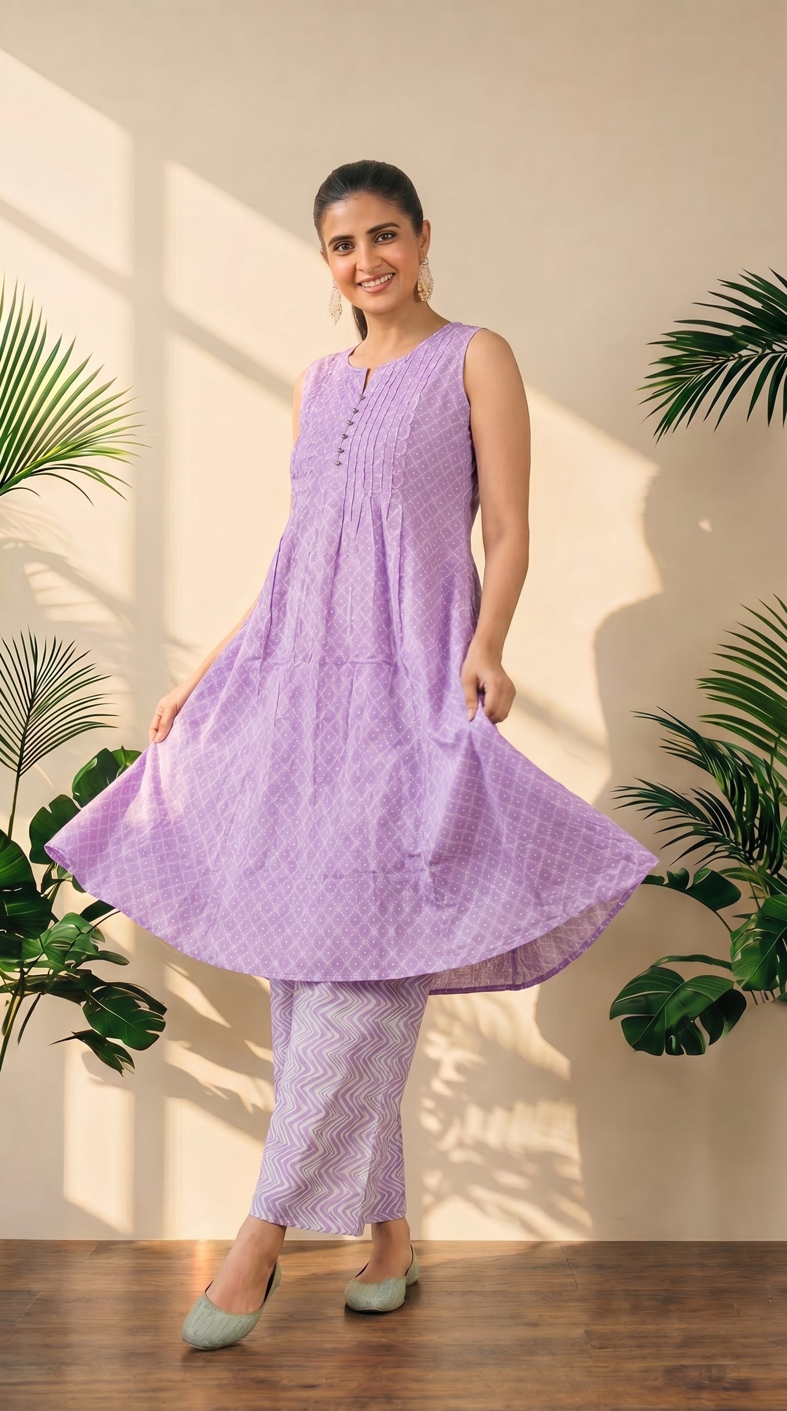 Lavender Sleeveless A-Line Kurti Pant Set