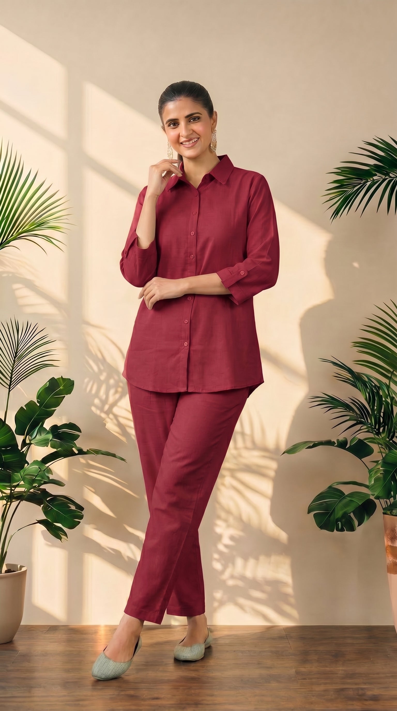 Maroon Cotton Shirt & Pant Co-Ord Set
