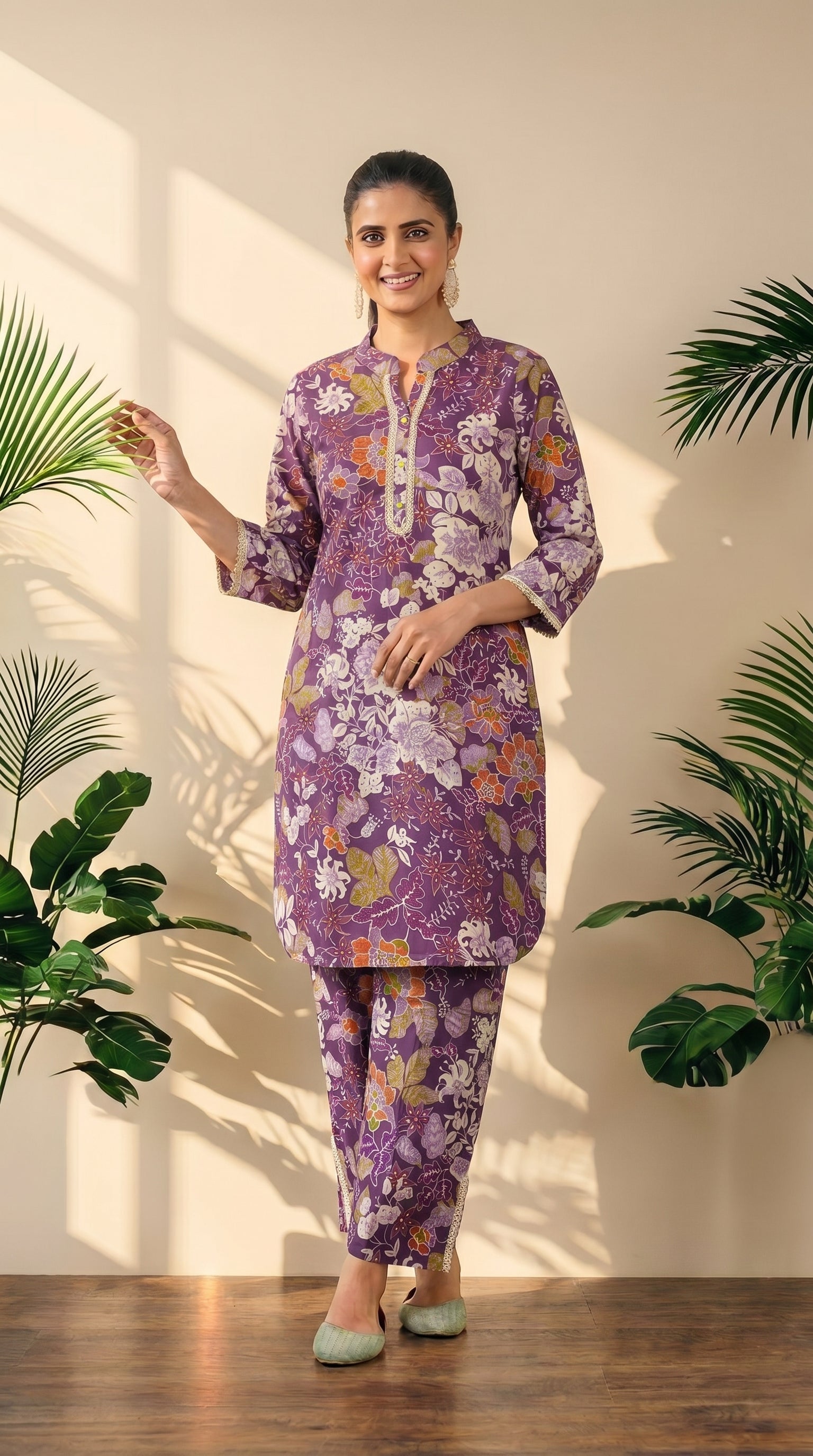 Wine Floral Print Kurta & Pant Co-Ord Set
