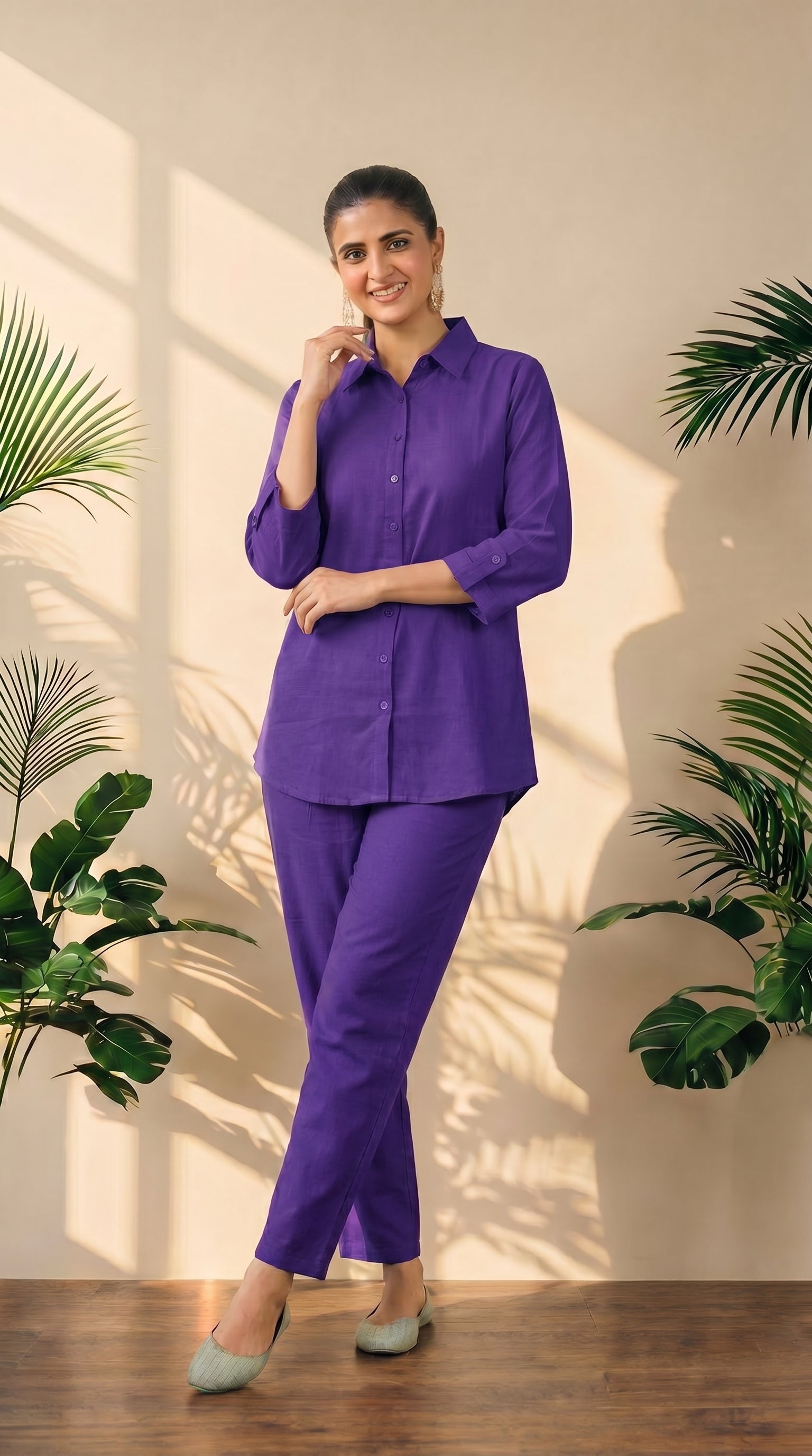 Purple Cotton Shirt & Pant Co-Ord Set