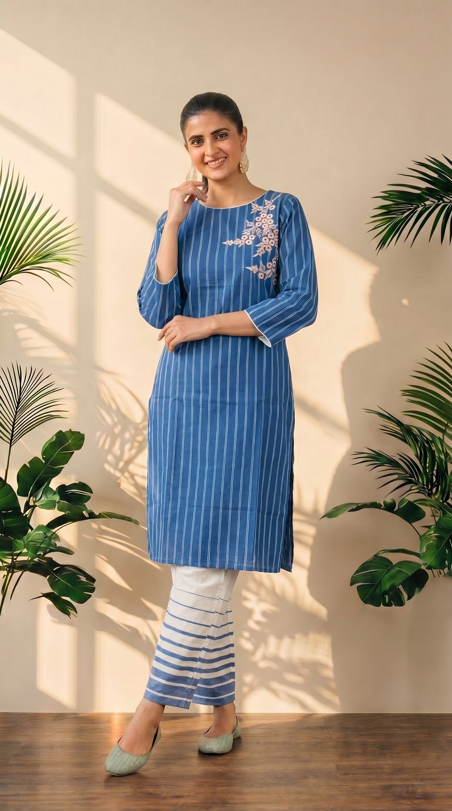 Blue Striped Print Kurti Pant Set