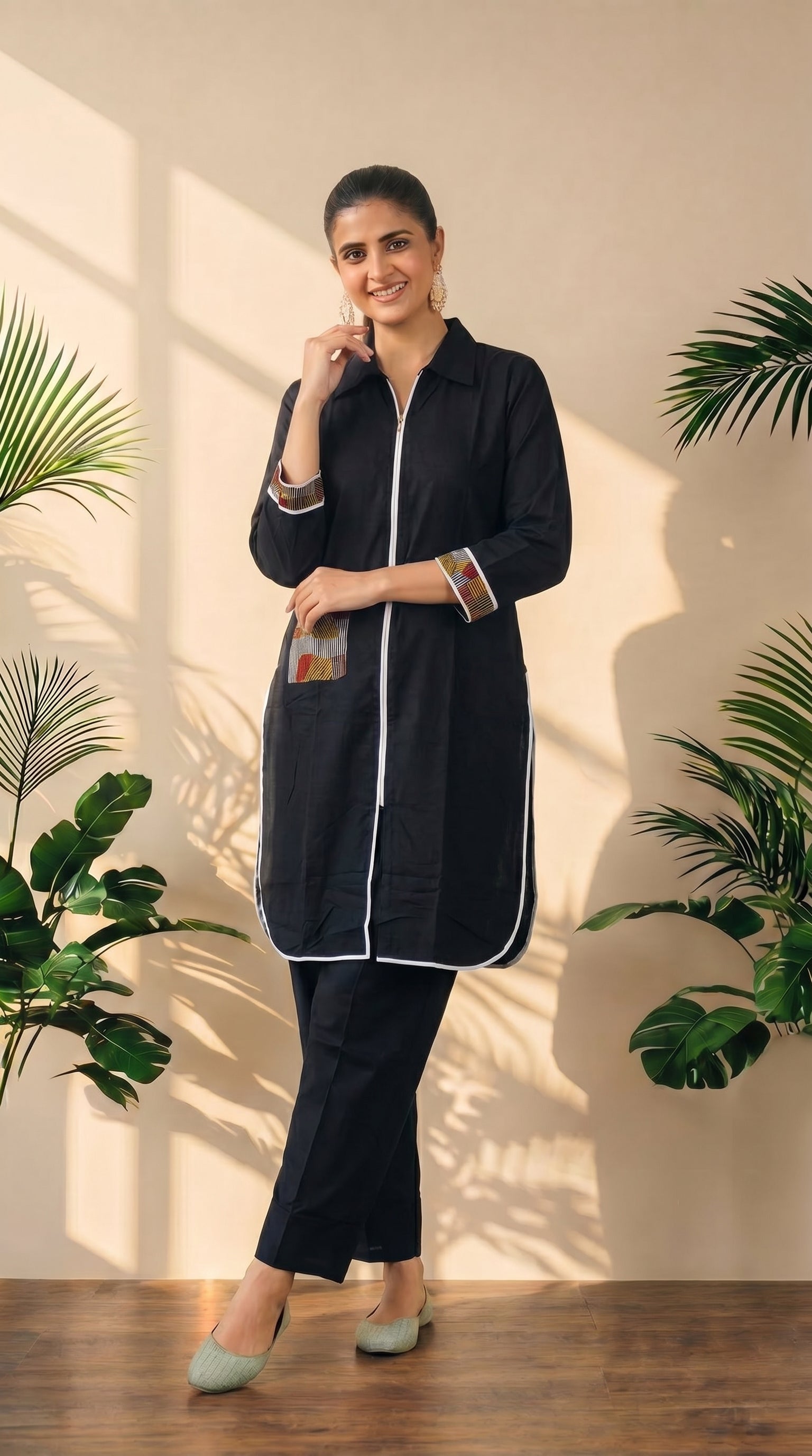 Black Collared Neck Kurta & Pant Co-Ord Set