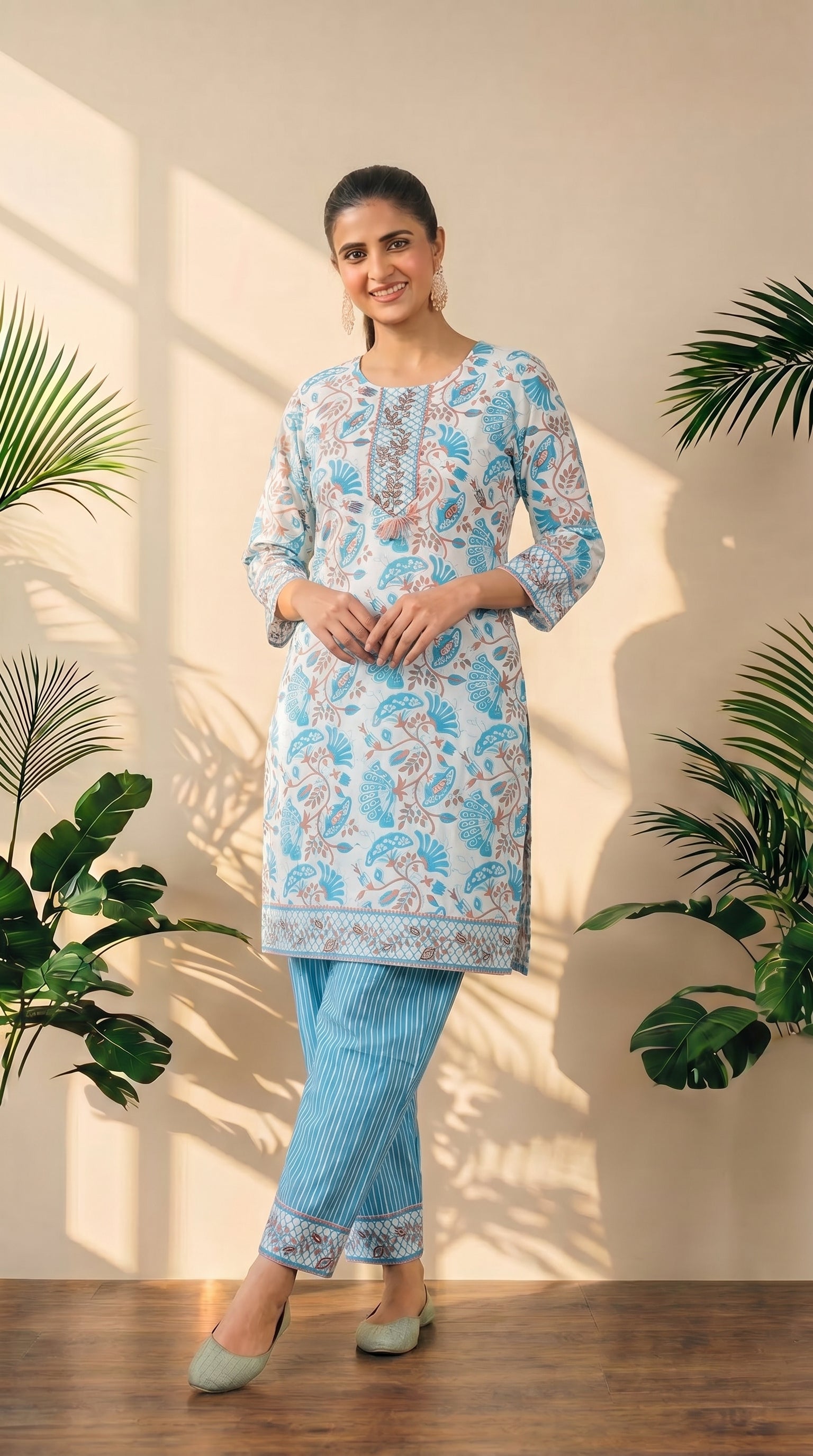 White Floral Print Kurti Pant Set