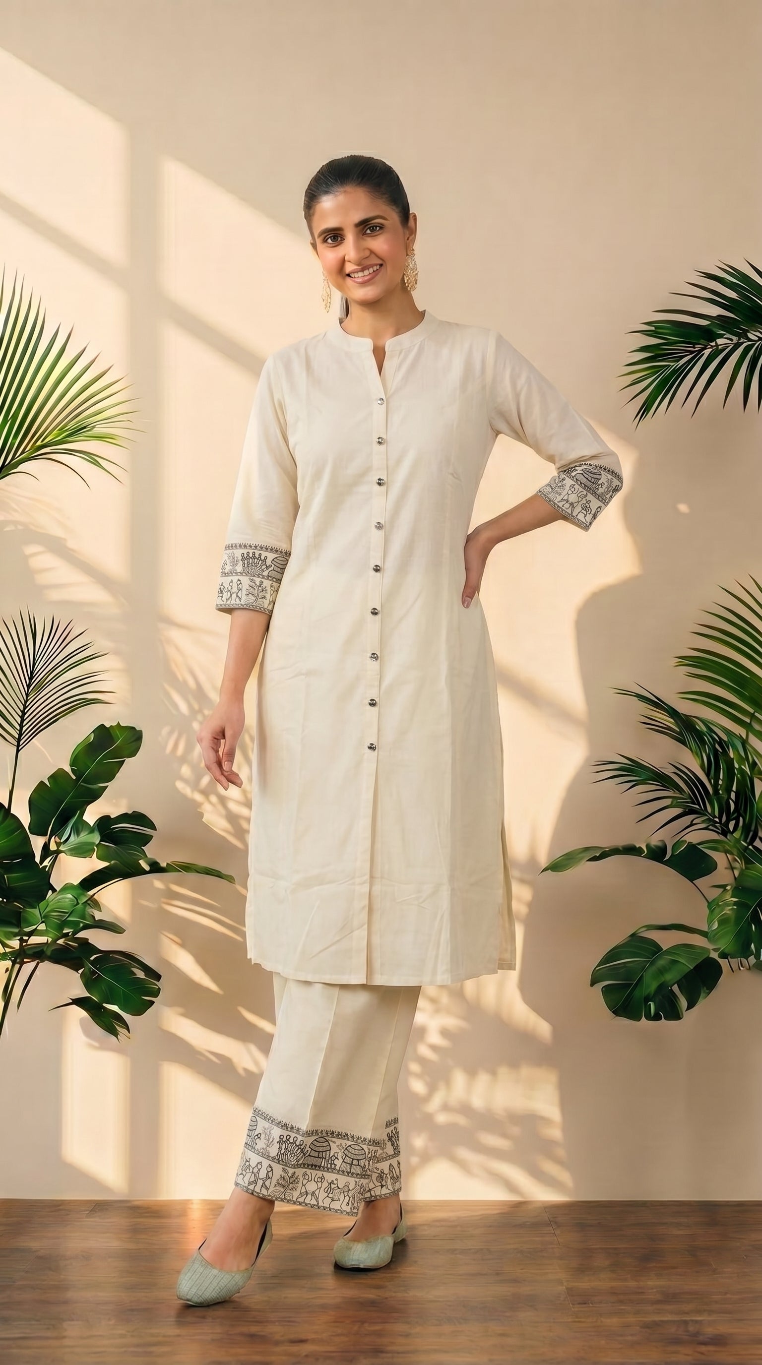 Cream Embroidery Work A-Line Kurti Pant Set