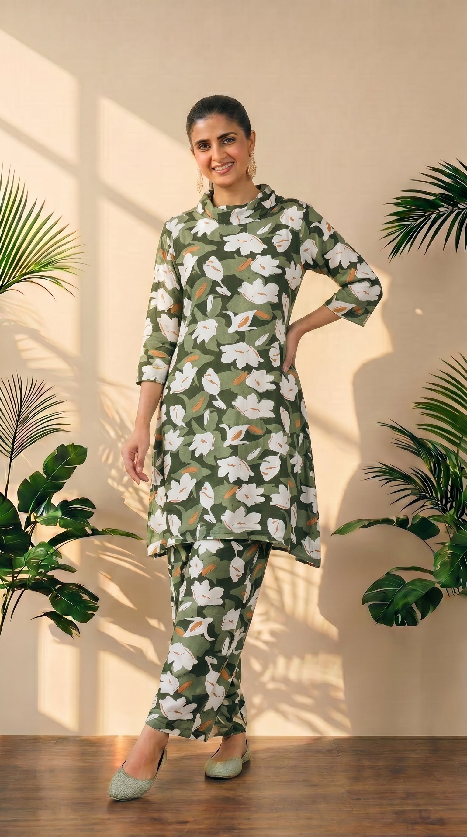 Turtle Neck Green Floral Printed Set – Elegant Ethnic Wear