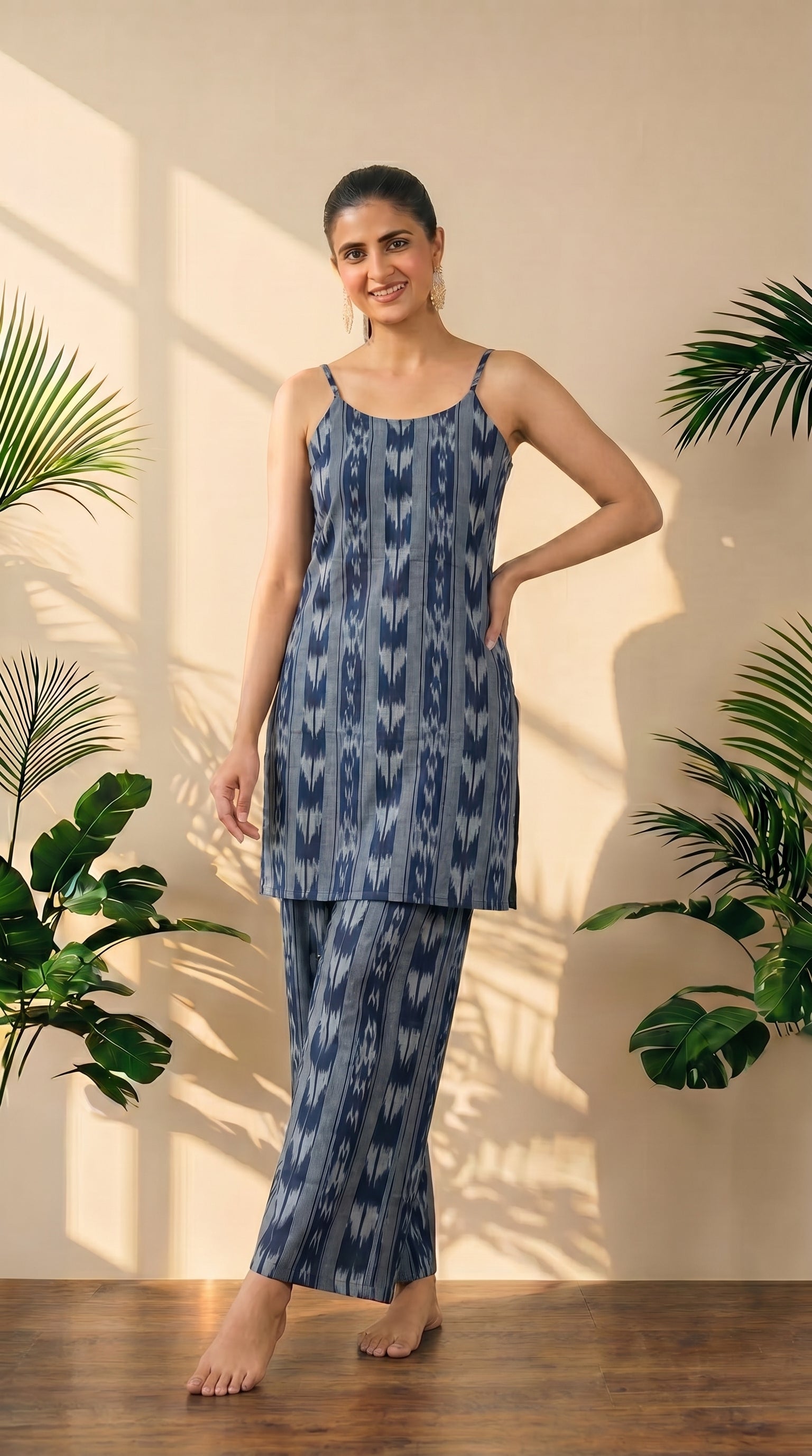 Navy Blue Ikat Print Spaghetti Kurti Pant Set