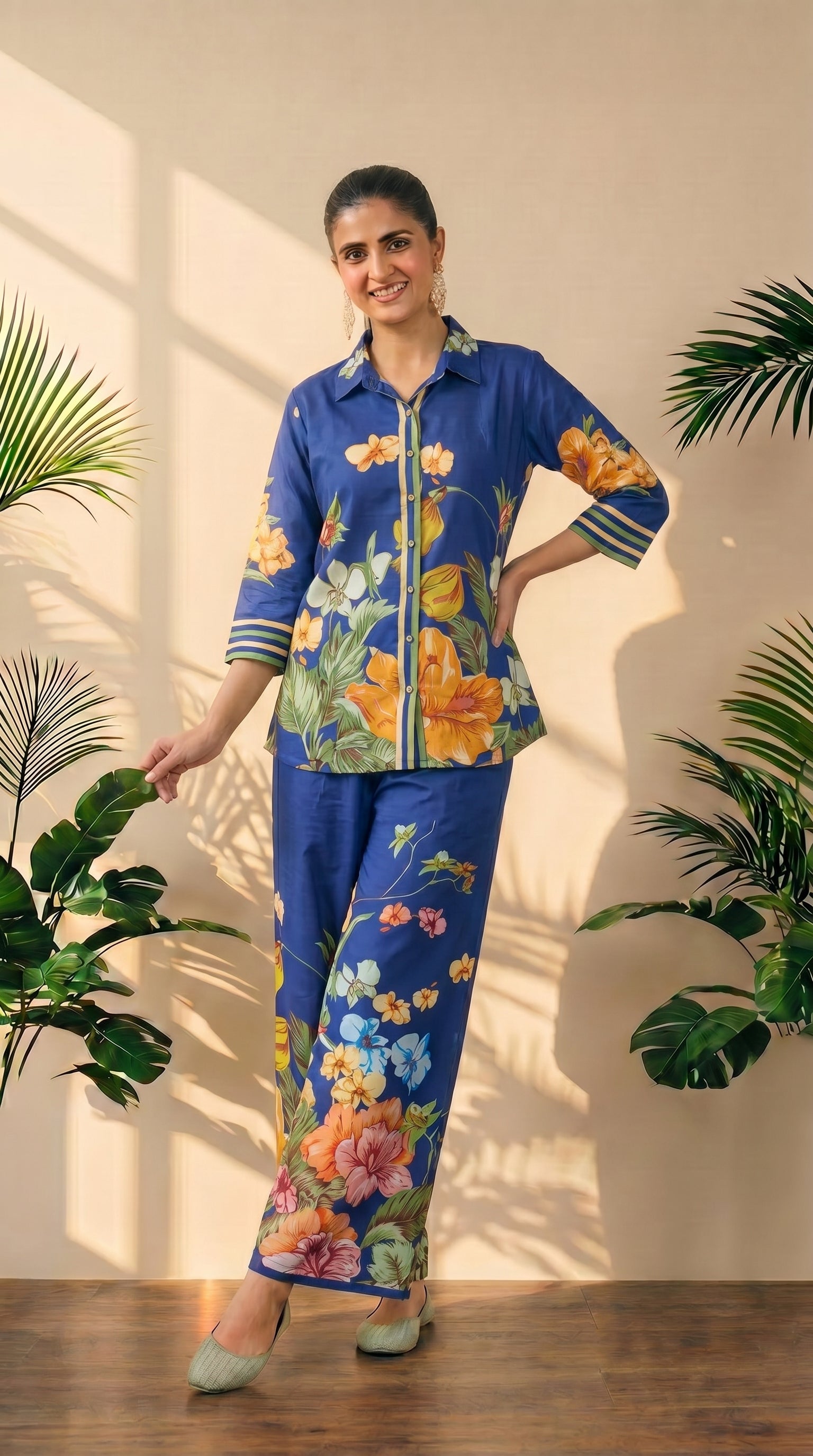 Blue Floral Cotton Co-ord Set | Summer Fresh Look