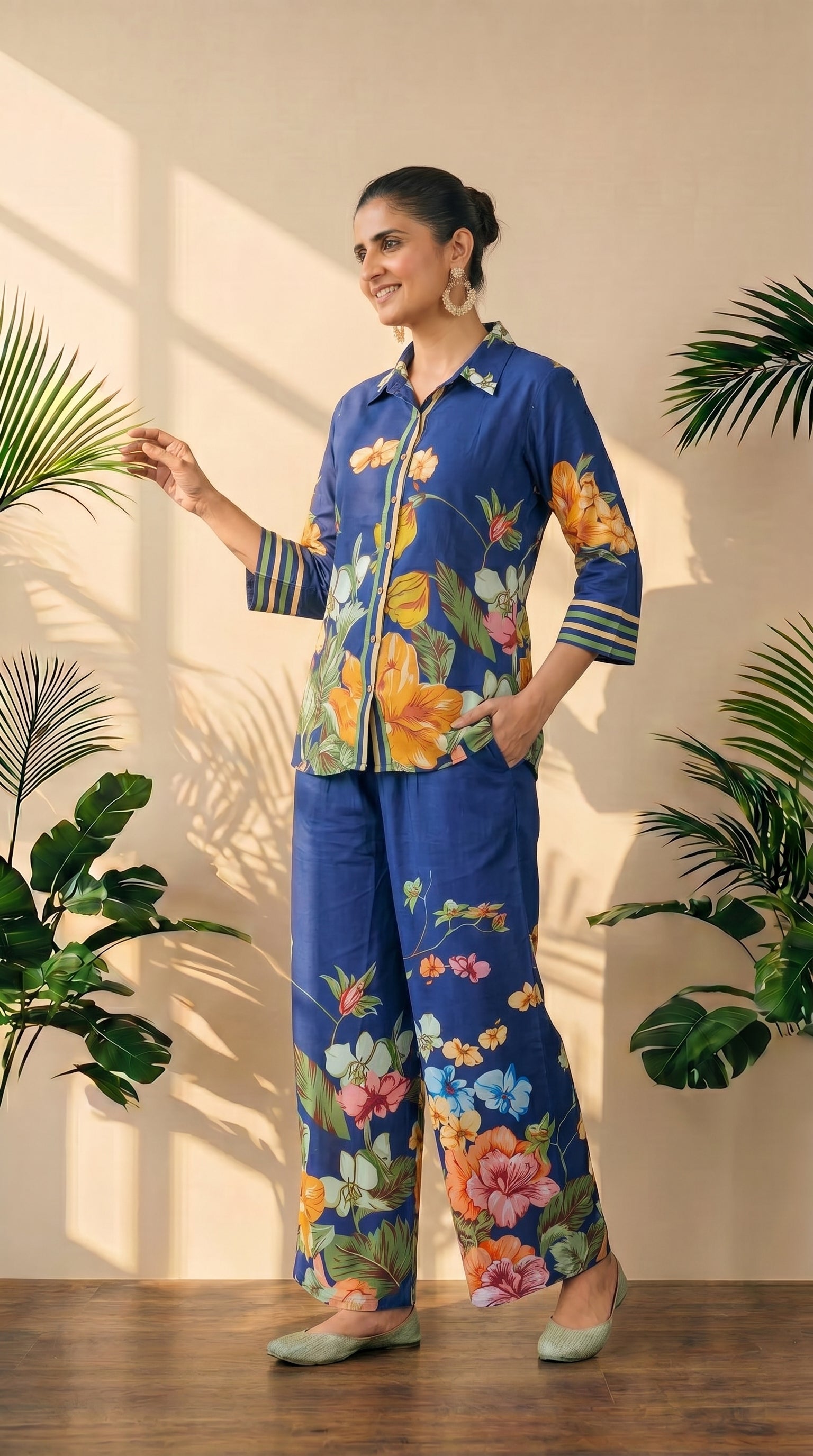Blue Floral Cotton Co-ord Set | Summer Fresh Look