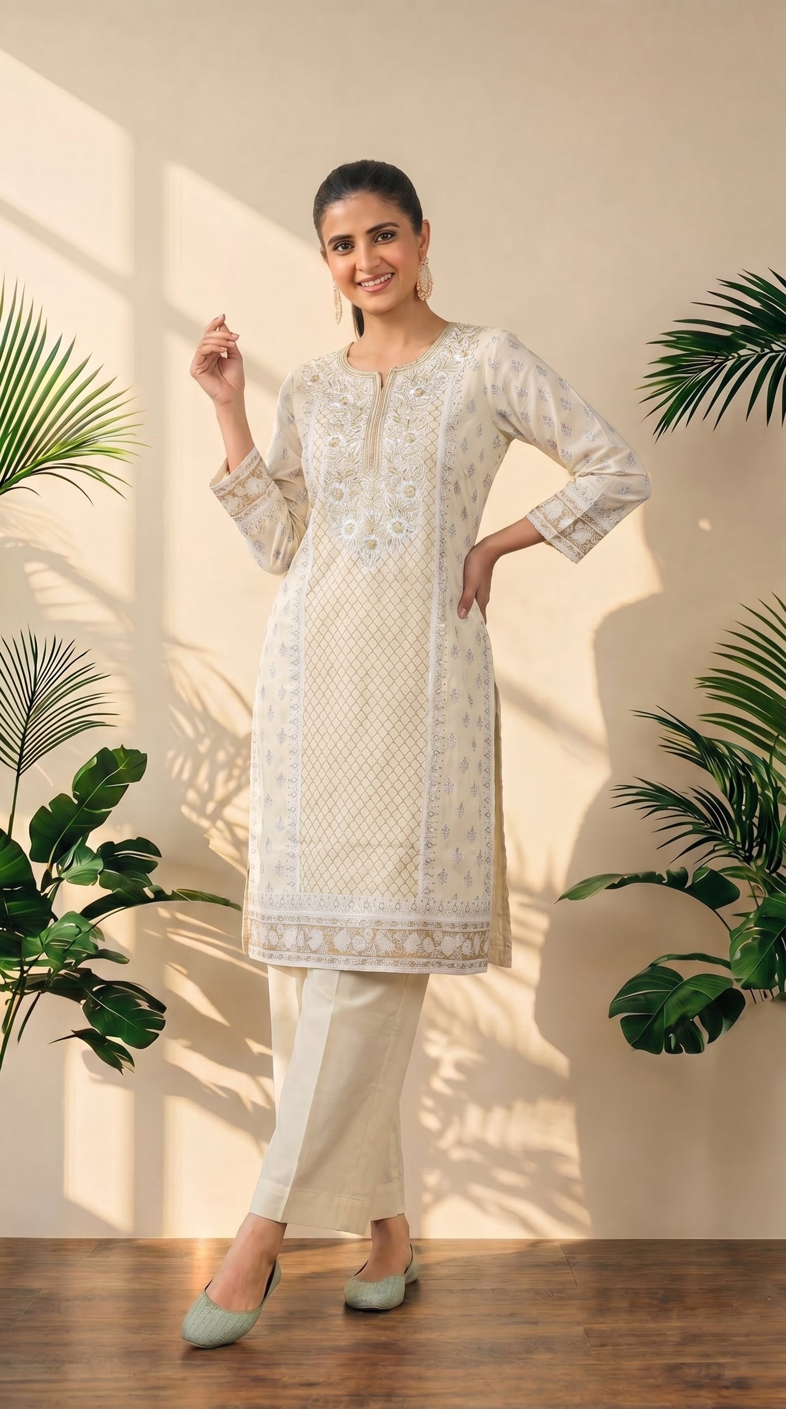 Cream Yoke Work Kurti Palazzo Set