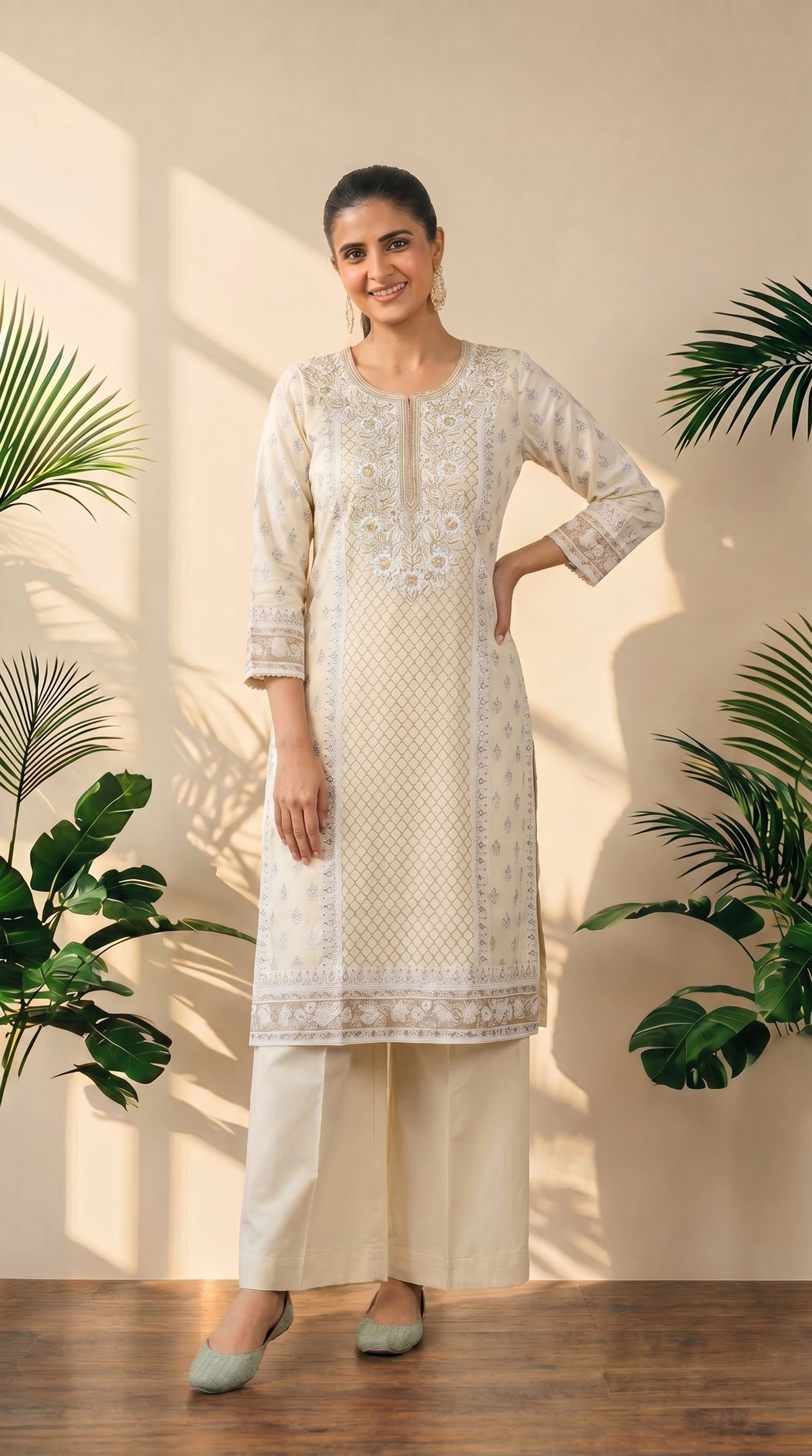 Cream Yoke Work Kurti Palazzo Set