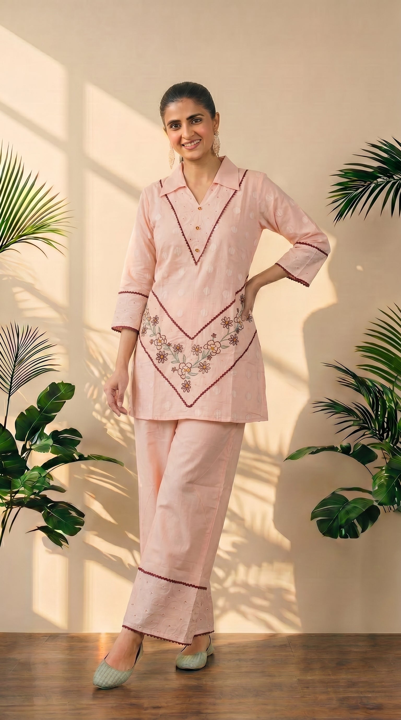 Peach Embroidery Work Top & Pant Co-Ord Set