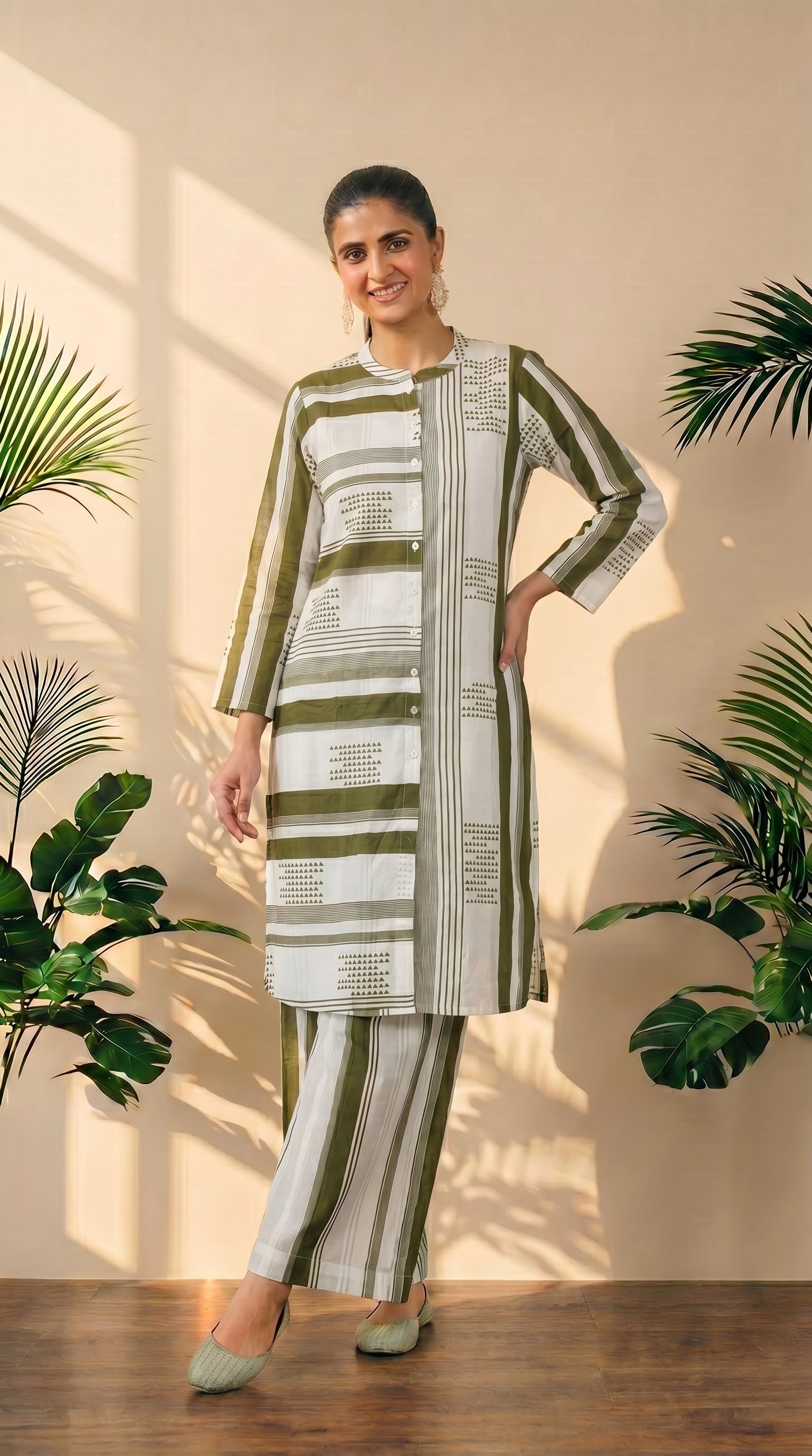 Green & White Printed Plazzo Set – Elegant Ethnic Wear in Pure Cotton