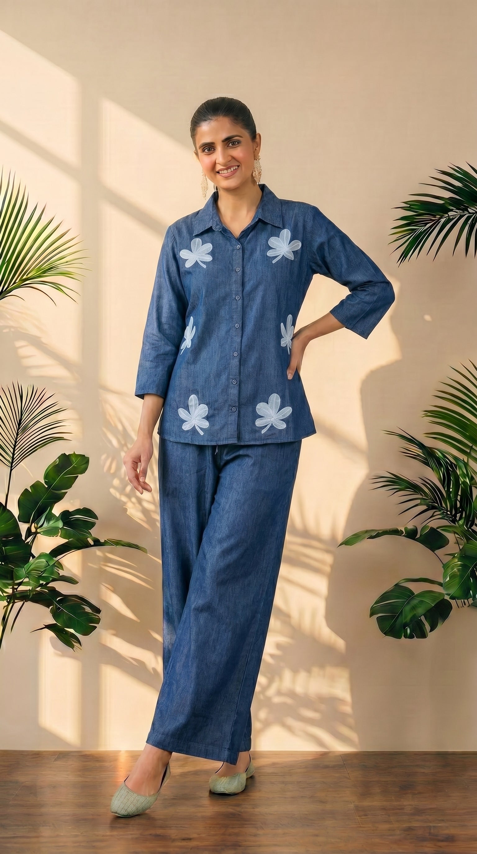 Blue Denim Floral Embroidered Co-Ord Set | Premium Denim Top with Palazzo Pants