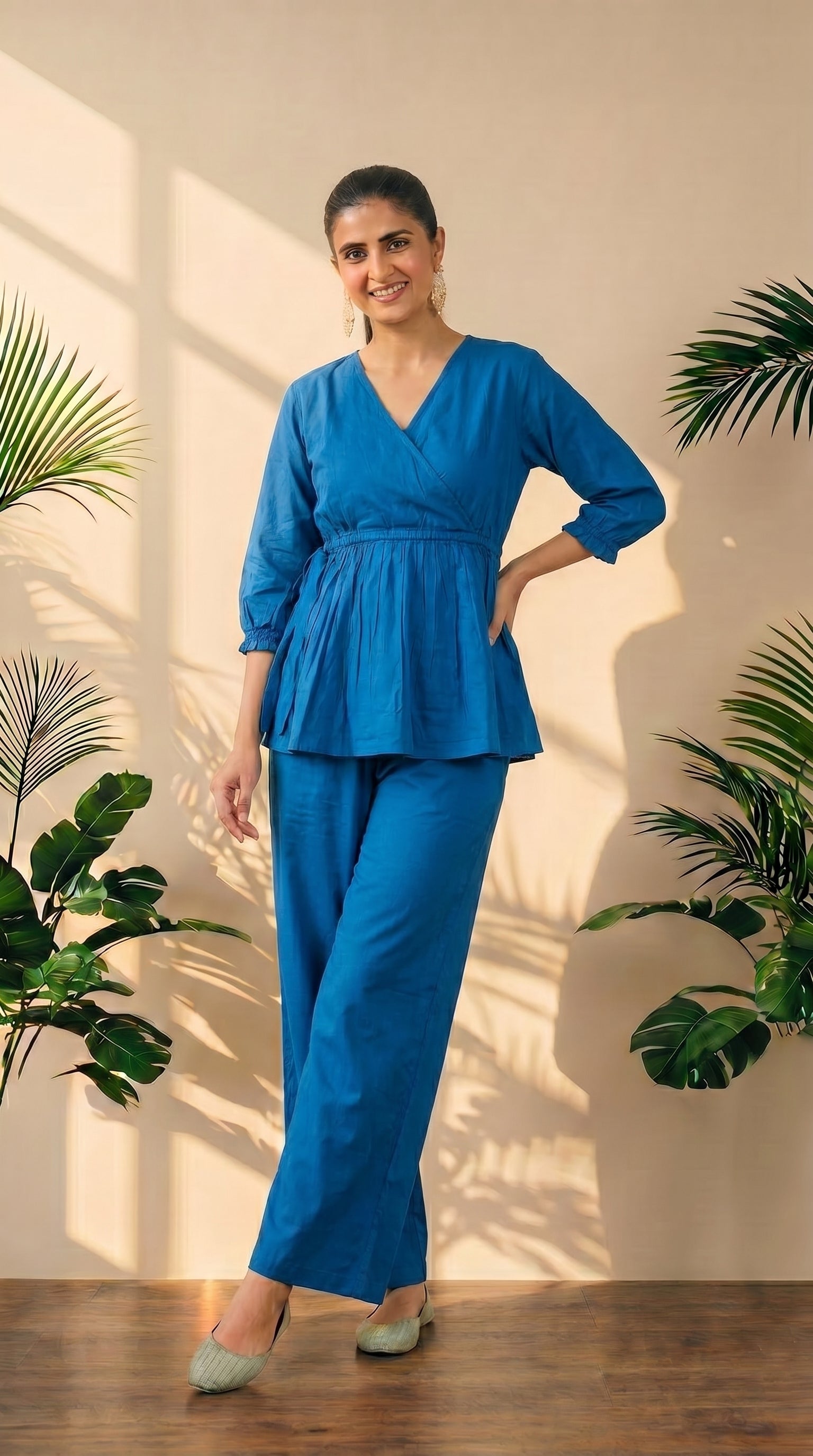 Lapis Blue Short Peplum Top & Palazzo Co-Ord Set
