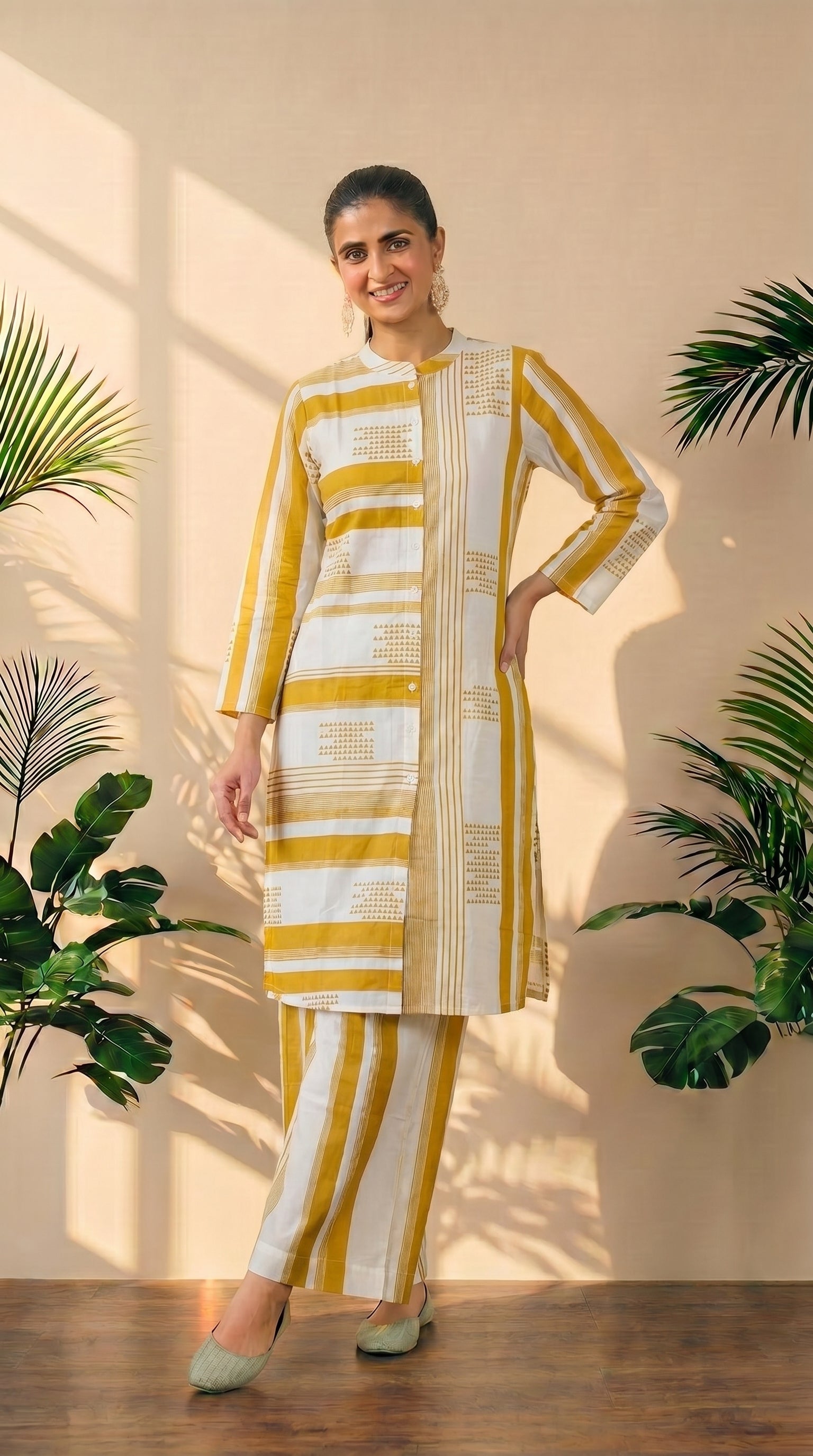Yellow & White Printed Plazzo Set – Elegant Ethnic Wear in Pure Cotton
