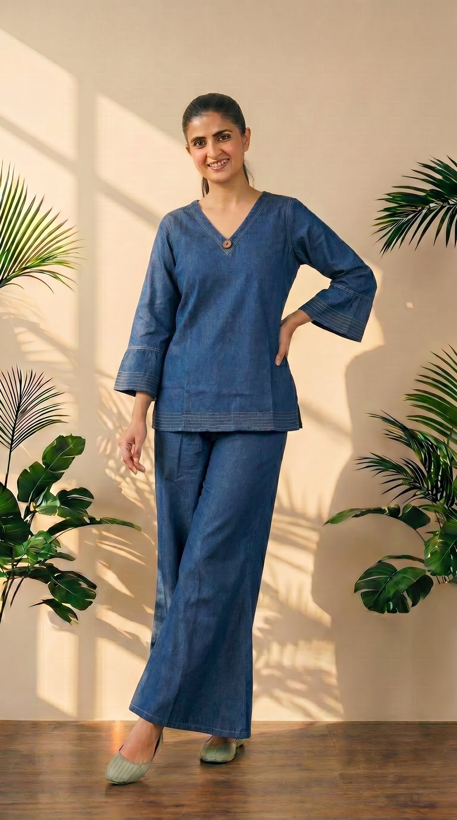 Blue Denim Co-Ord Set with Bell Bottom Pants | Trendy Top & Flared Jeans Set
