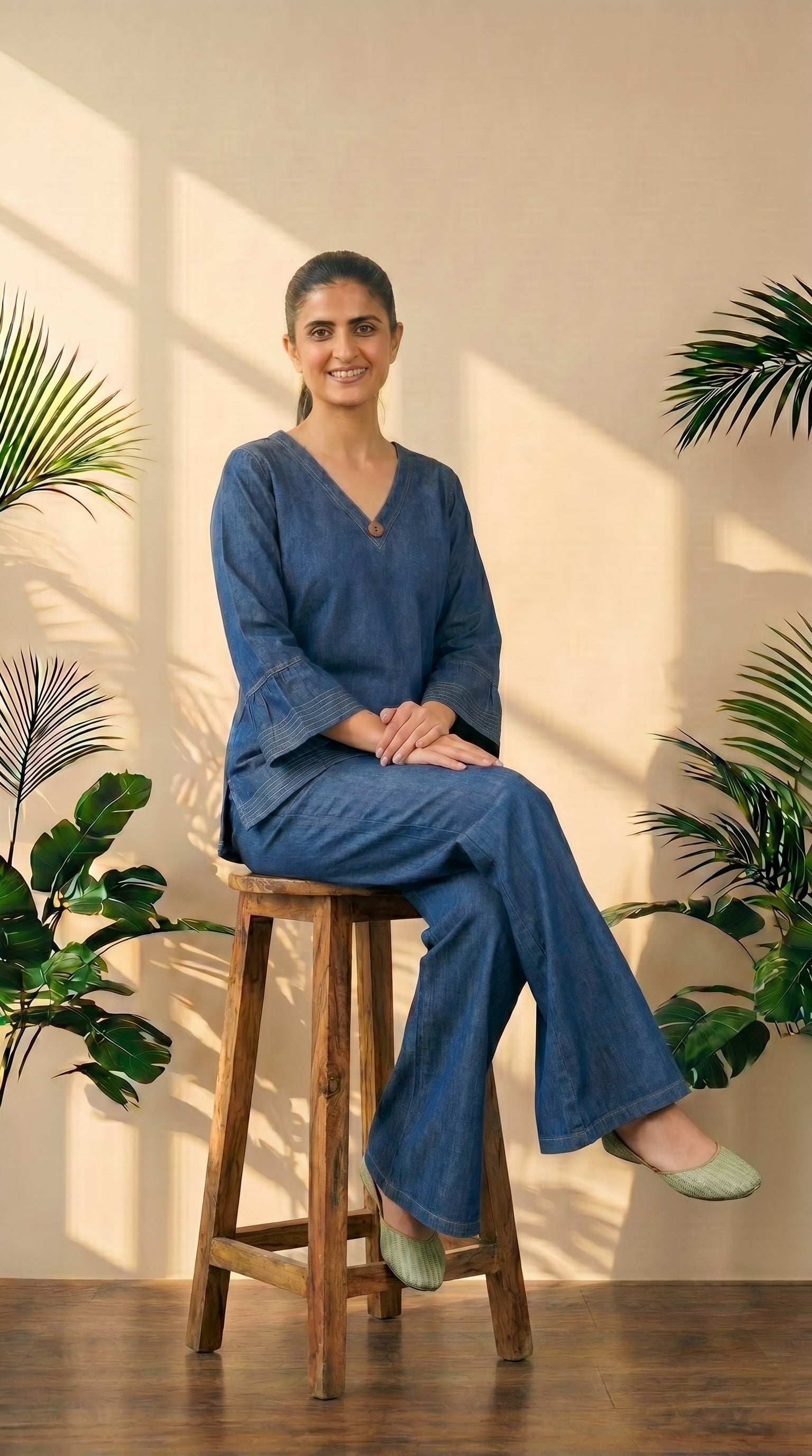 Blue Denim Co-Ord Set with Bell Bottom Pants | Trendy Top & Flared Jeans Set