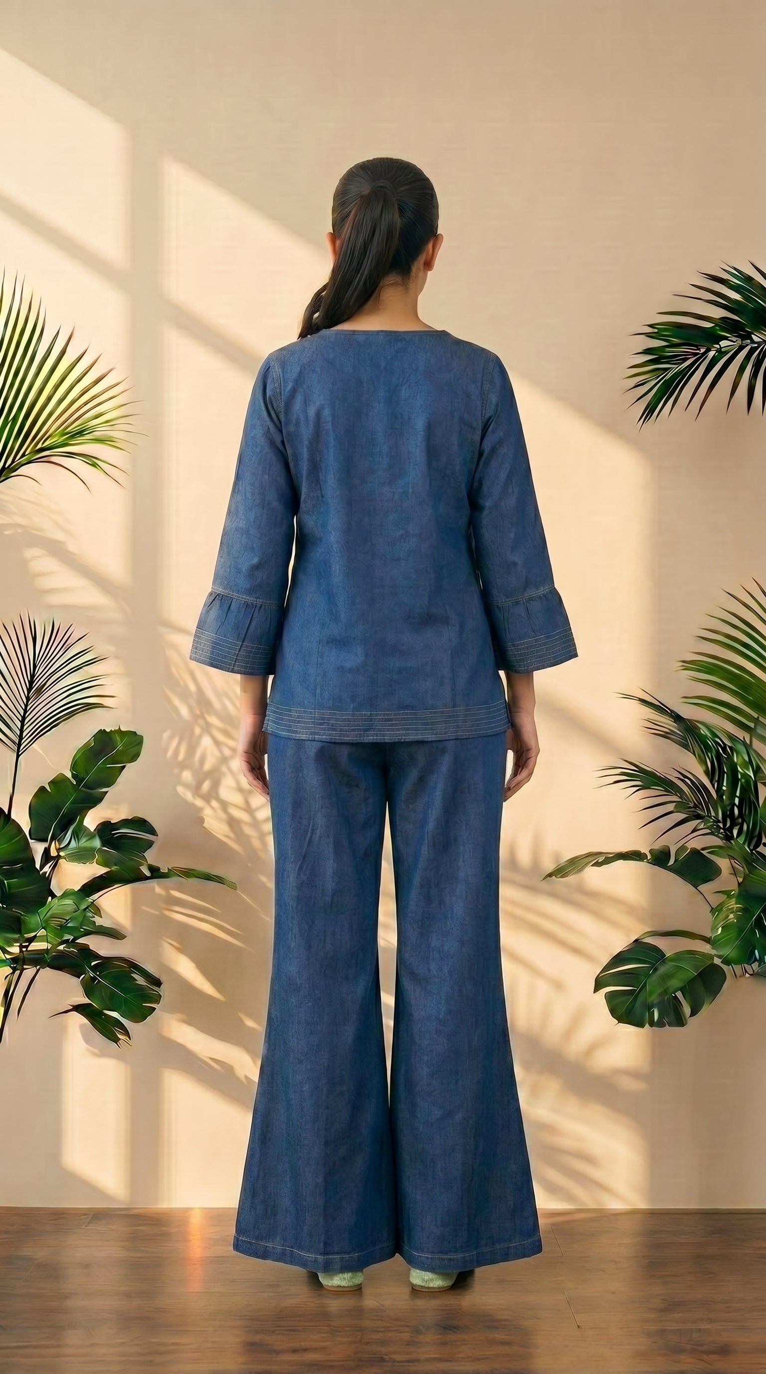 Blue Denim Co-Ord Set with Bell Bottom Pants | Trendy Top & Flared Jeans Set