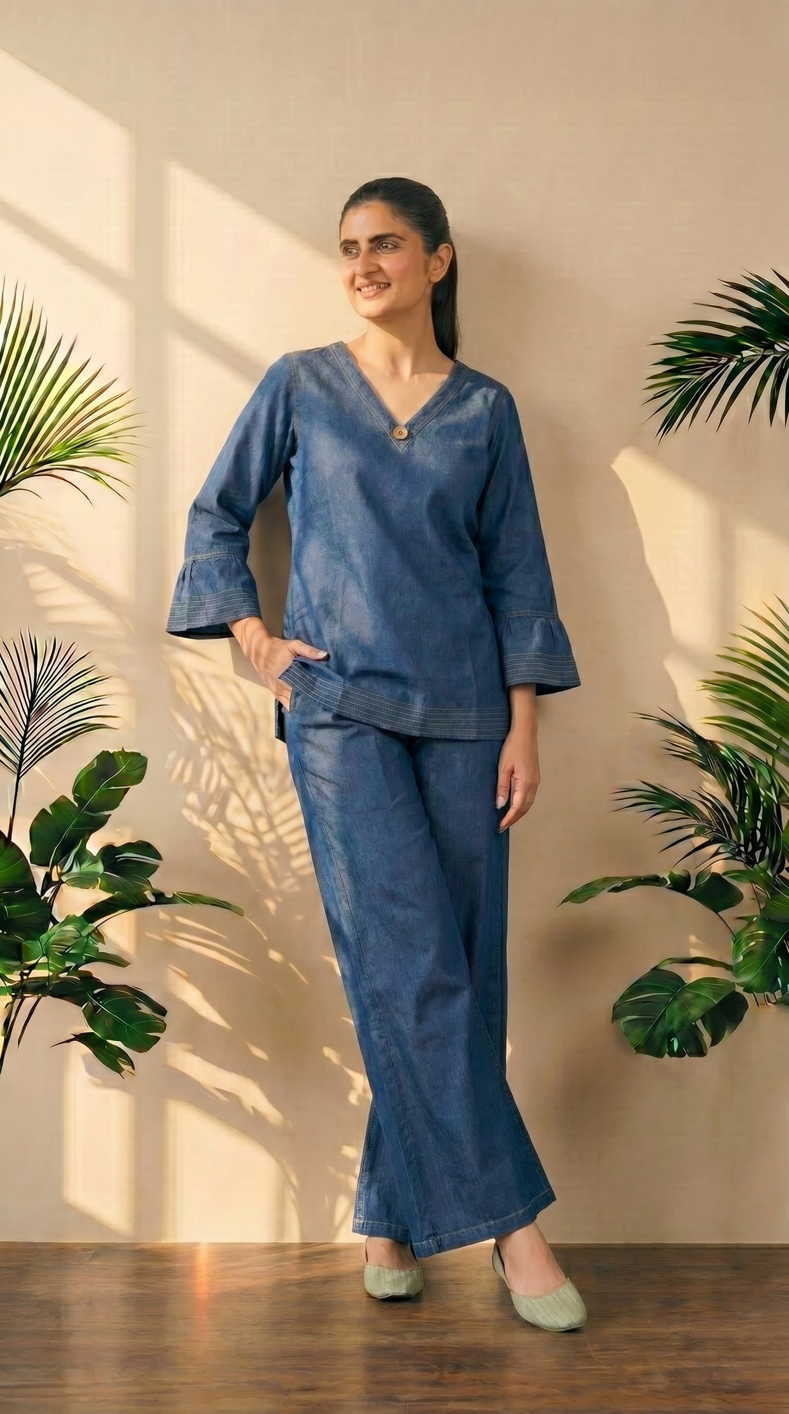 Blue Denim Co-Ord Set with Bell Bottom Pants | Trendy Top & Flared Jeans Set