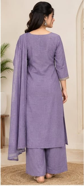 Dull Purple – Floral Embroidered Kurta Pant Dupatta Set | Cotton Linen