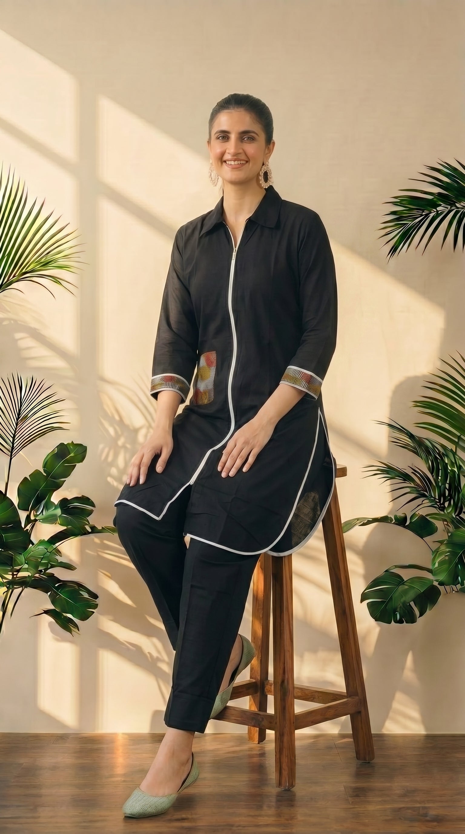 Black Collared Neck Kurta & Pant Co-Ord Set