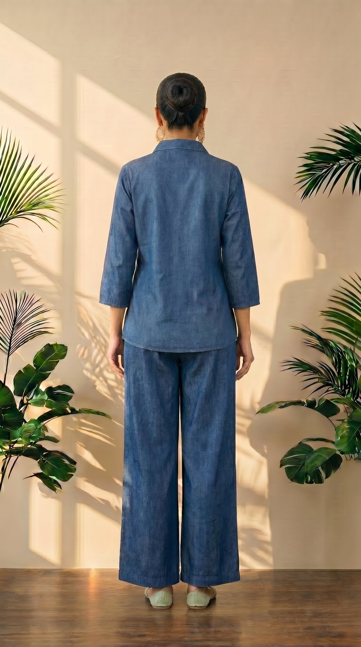 Blue Denim Floral Embroidered Co-Ord Set | Premium Denim Top with Palazzo Pants