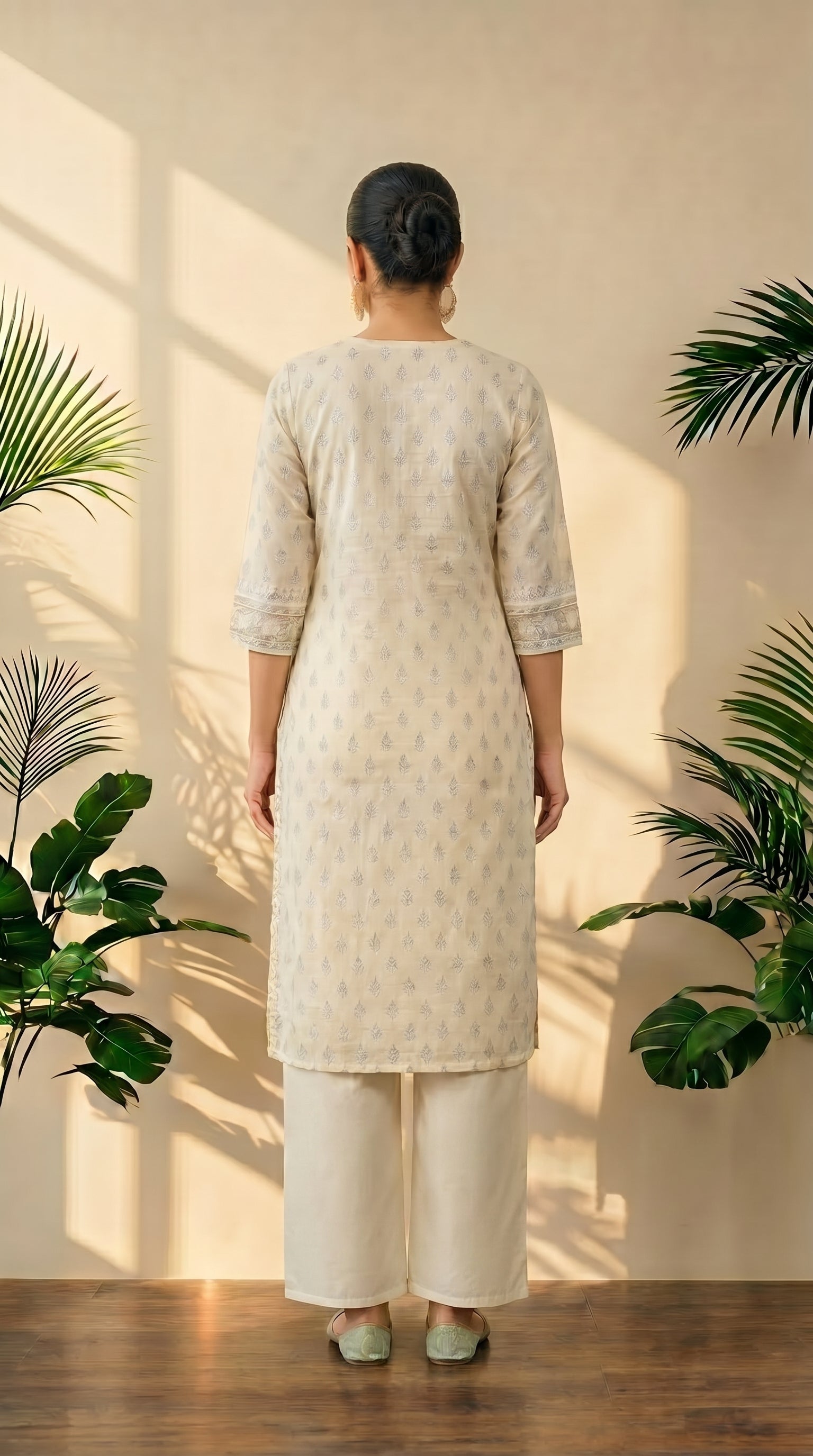 Cream Yoke Work Kurti Palazzo Set