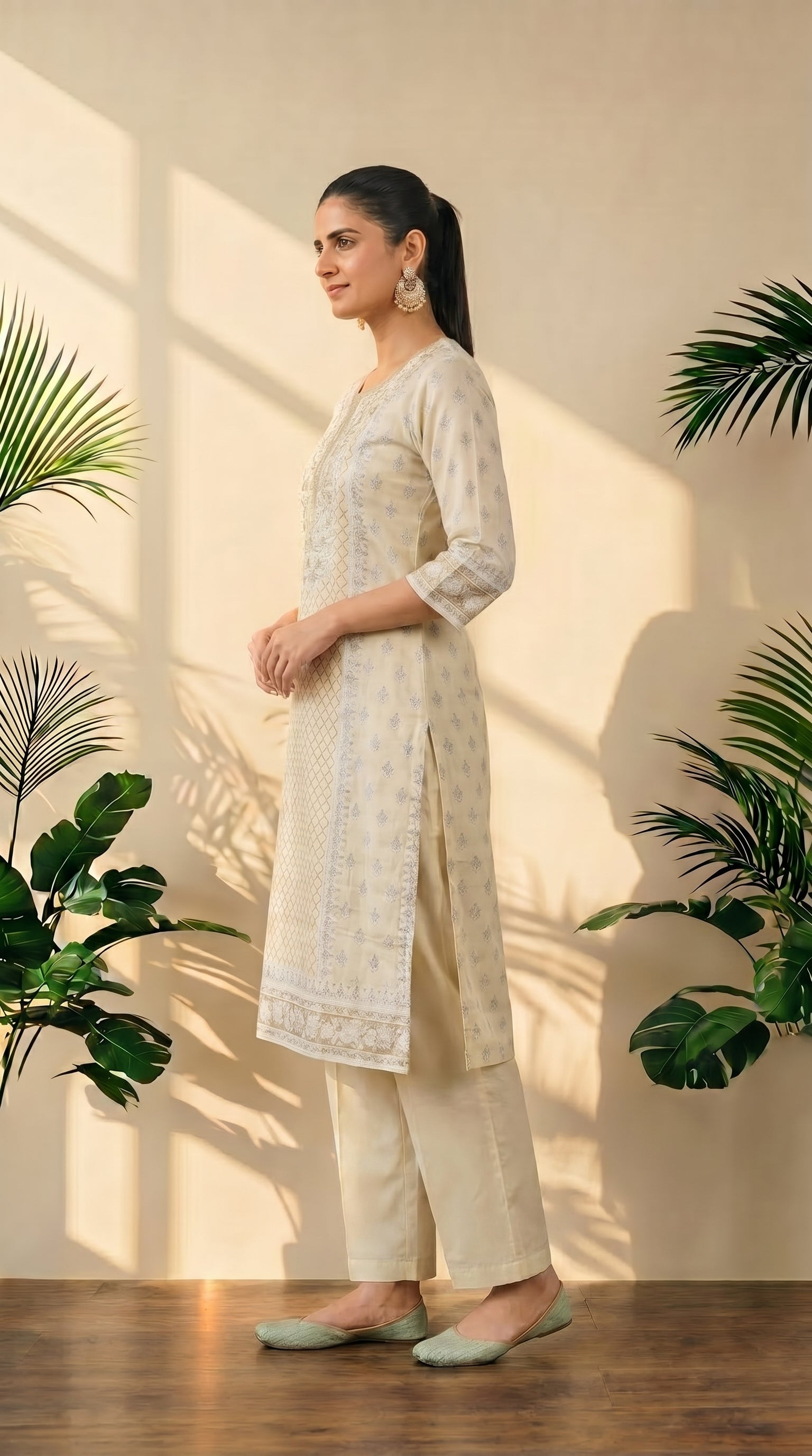 Cream Yoke Work Kurti Palazzo Set